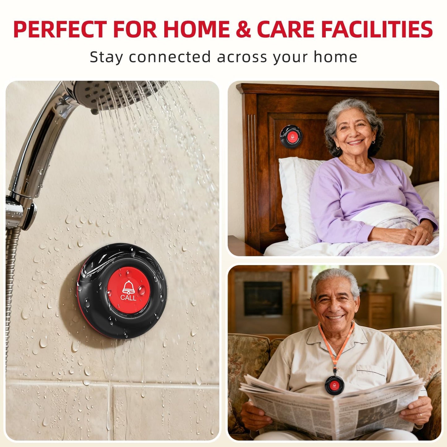 CallToU Caregiver Pager Wireless Call Bell Alert Button for Seniors/Elderly/Patients 2 Plugin Receiver 2 Waterproof Transmitter