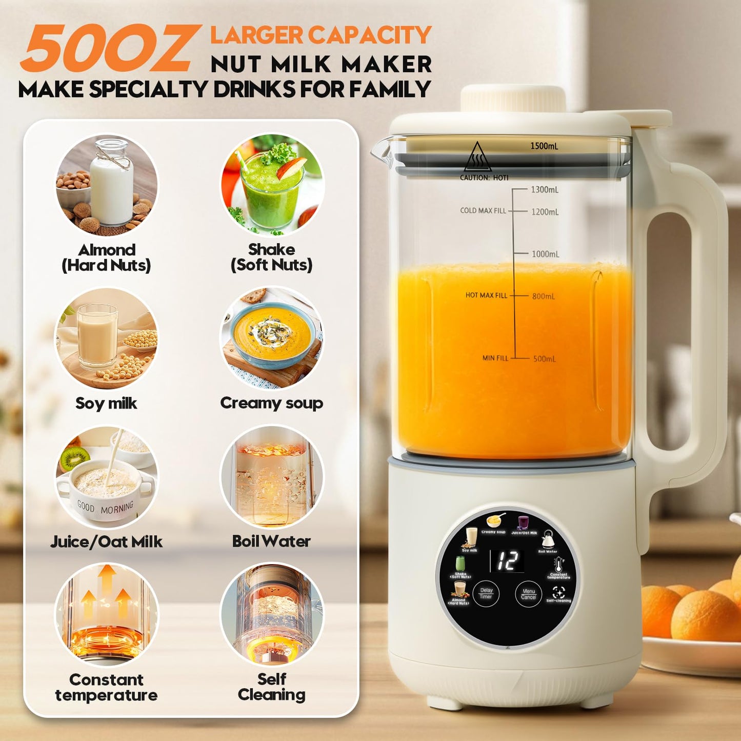 8-in-1 Nut Milk Maker, 50oz Glass Soy Almond Oat Milk Machine with 20-Blades, Delay Start, Constant Temperature, Self-Cleaning, Overheat Protection, Recipe Included