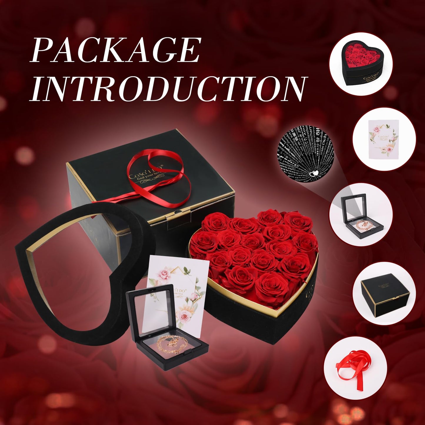 Casaido Preserved Roses Flowers for Delivery 16 Pcs, Mothers Day Rose Gifts for Her, Forever Flores in Heart Box with Necklace, Anniversary Birthday Christmas Vanlentines Gift for Wife Girlfriend, Red