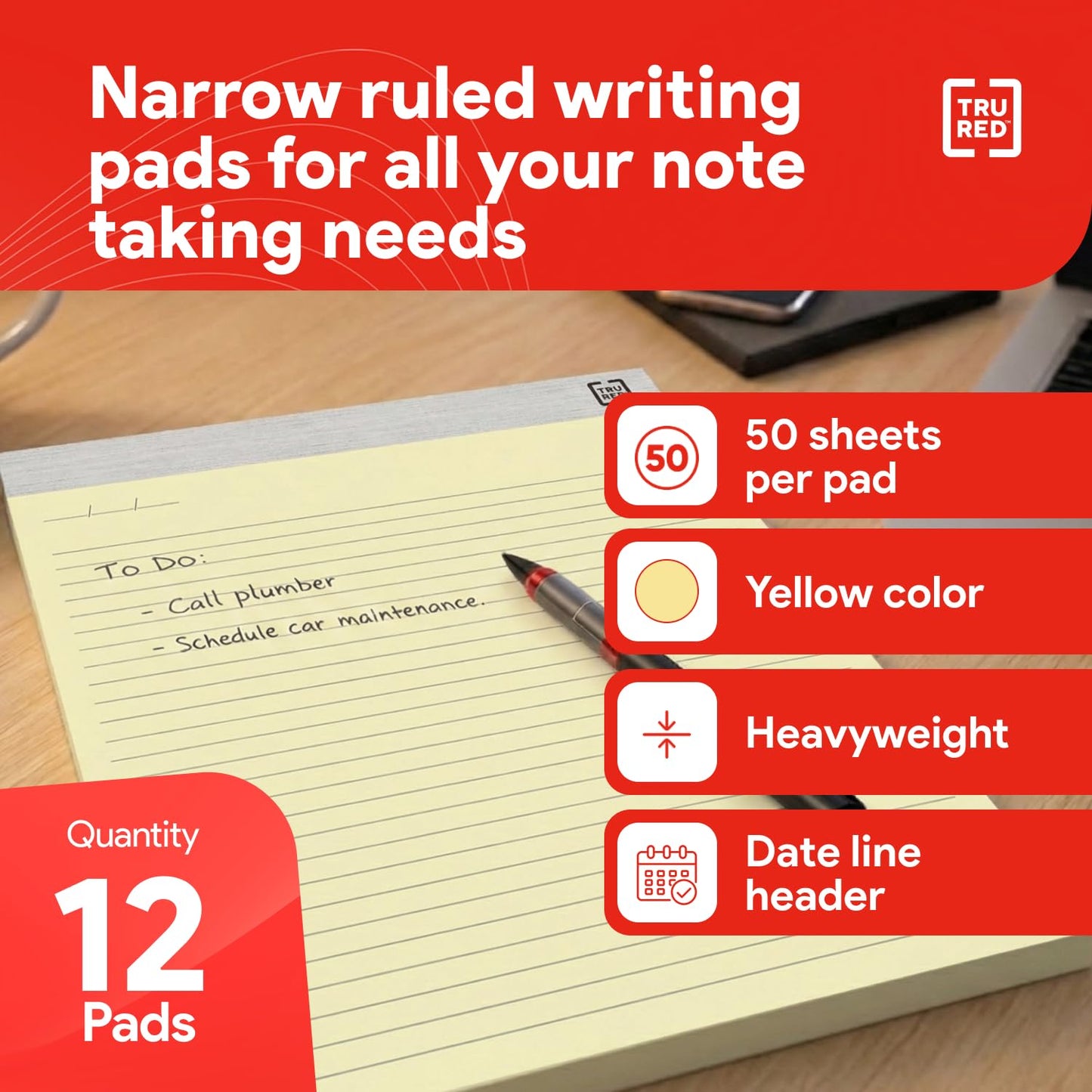 Staples TRU RED Notepads, 8.5" x 11.75", Narrow Ruled, Canary, 50 Sheets/Pad, 12-Pack