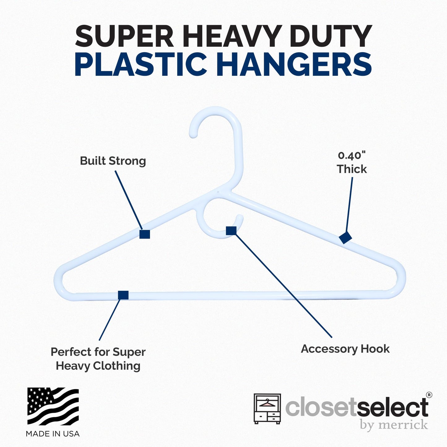 Super Heavy Duty Plastic Hangers, Made in USA, White Super Heavy Weight Hanger, 24 Pack