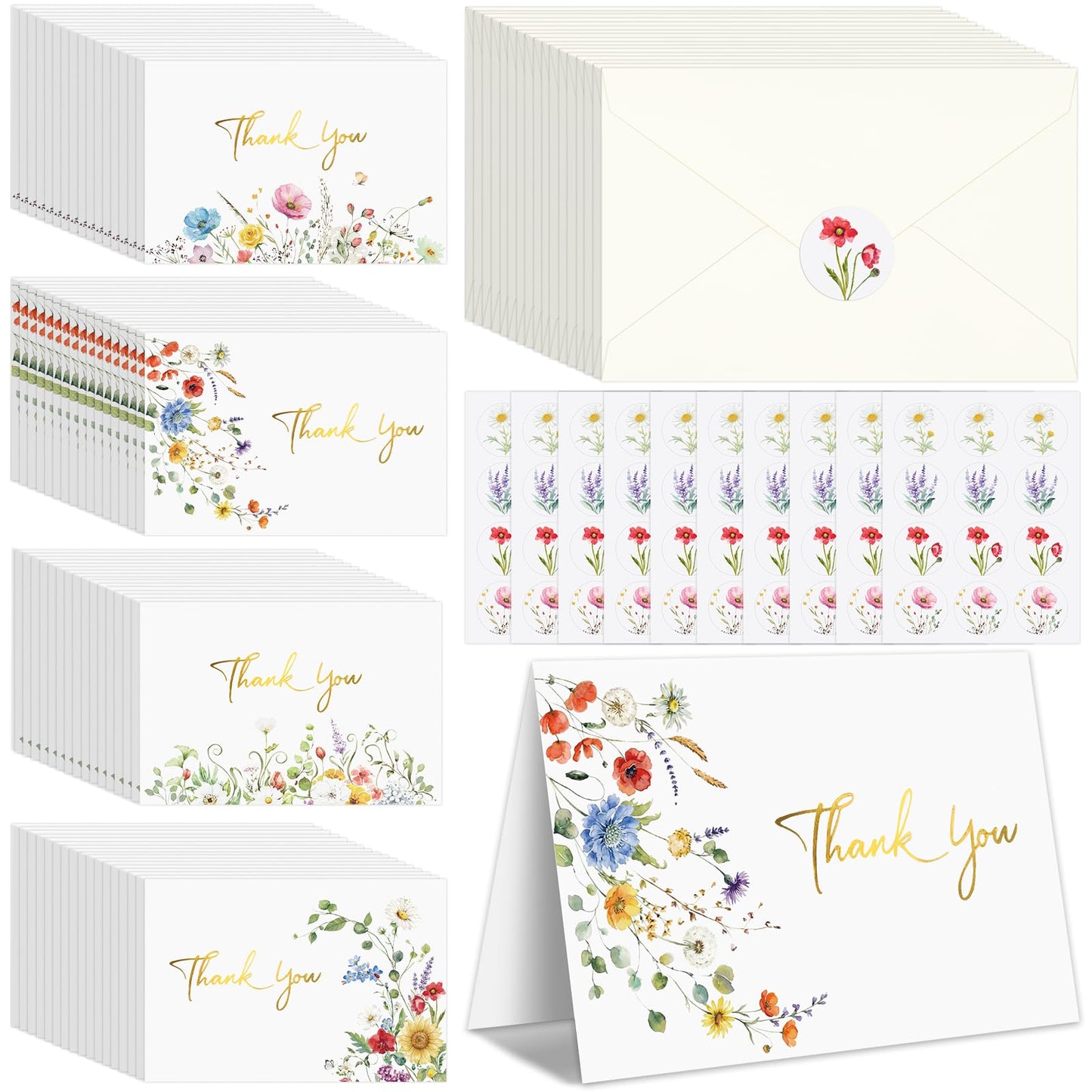 UZLU 600 PCS Wildflower Thank You Cards with Envelopes and Stickers - 4x6 Inch Floral Thank You Notes with Envelope Set - Greeting Notes with Envelopes for Wedding, Baby & Bridal Showers, Birthday