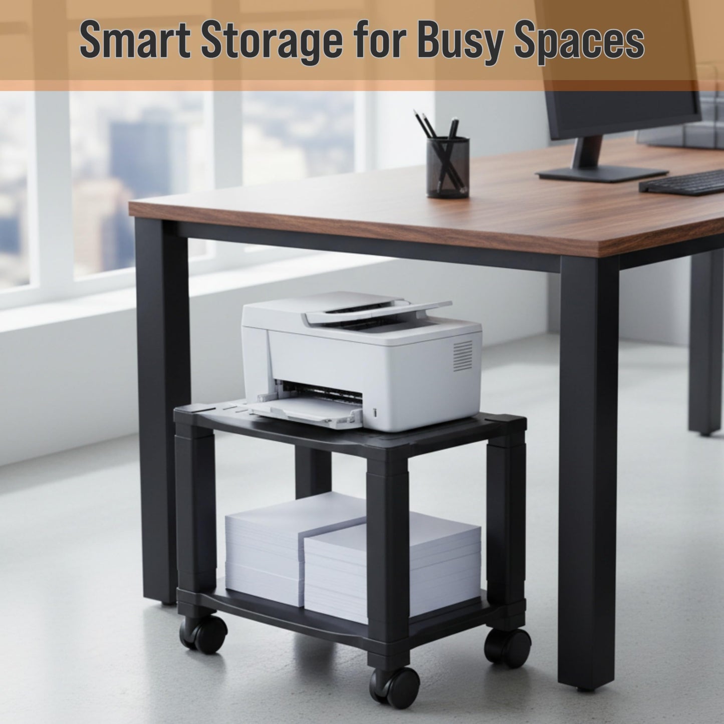 Home-Complete Printer Stand-2-Tier Under Desk Table for Fax, Scanner, Printer, Office Supplies-Compact and Mobile with Wheels for Portable Storage