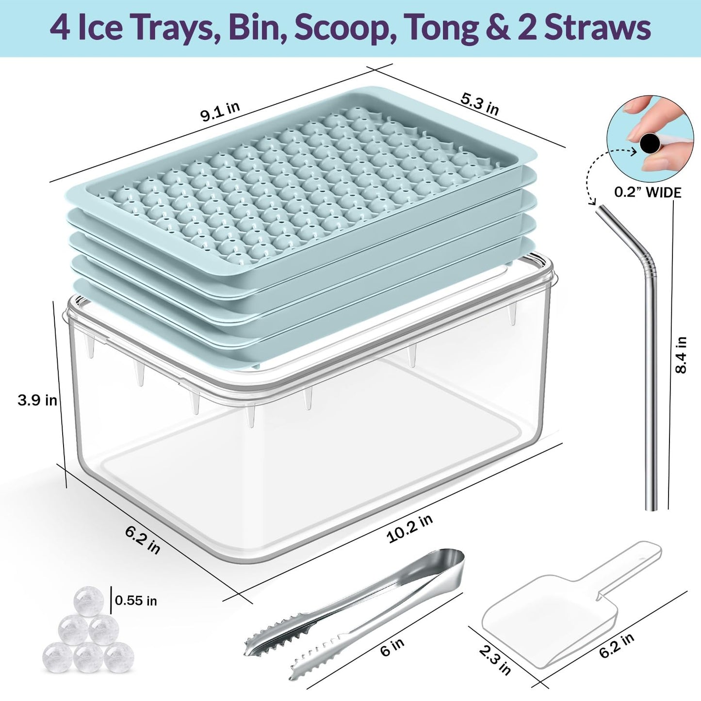 0.55in Mini Ice Cube Trays - Plastic Tiny Pebble Ice for Iced Coffee & Cocktails - Fast Chill, Easy Twist Release - Stackable with Lid, Storage Bin, Tongs, 2 Straws (4 pack, Blue)