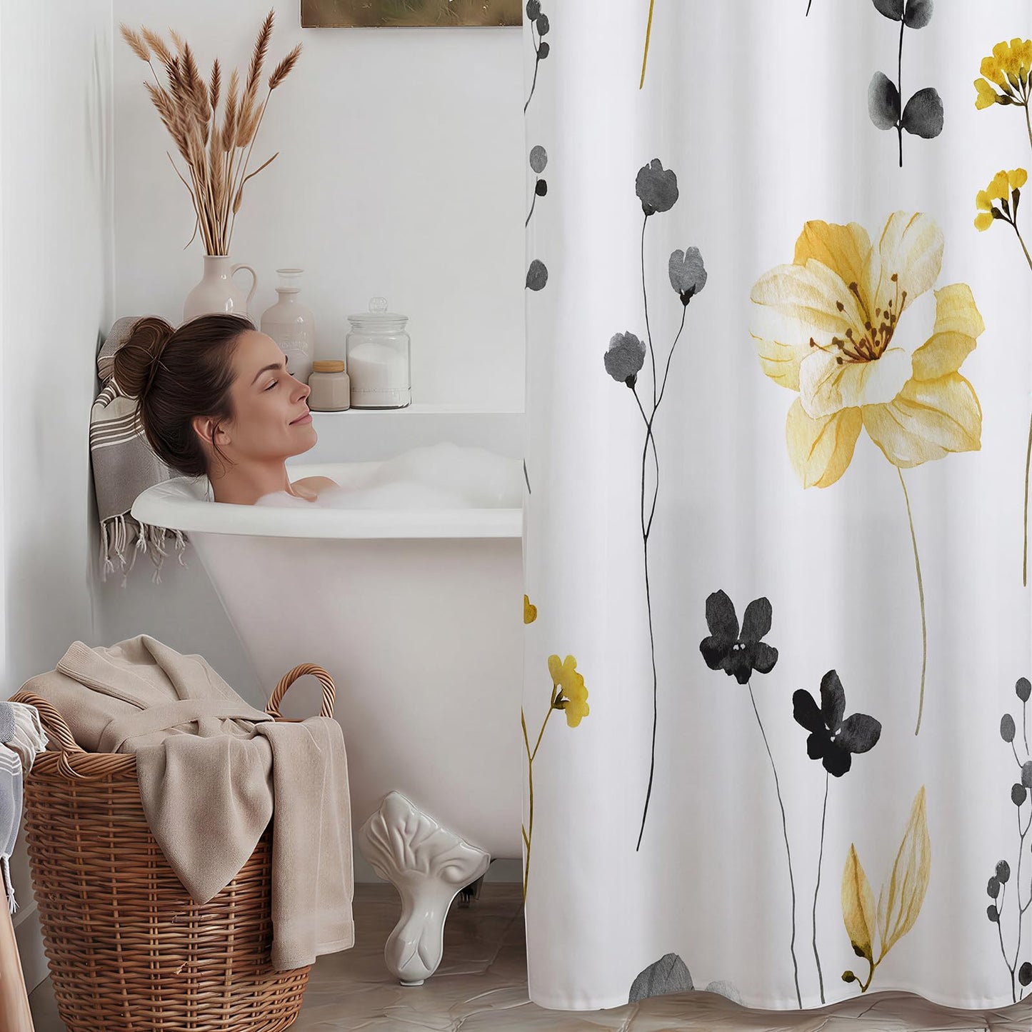 WITHLOC No Hook Shower Curtain with Snap in Liner - Floral Shower Curtain - Fabric Waterproof Inner Liner, Plants Watercolor Yellow Gray Modern Cloth Shower Curtains - Machine Washable, 71 x 74