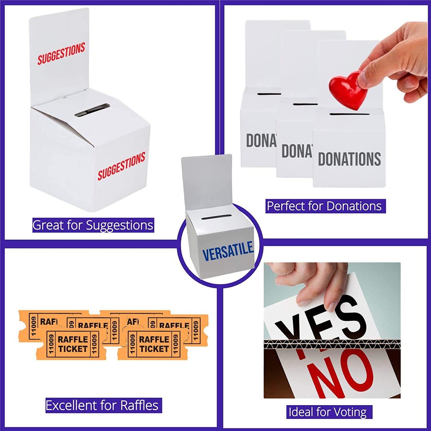 White Raffle Ticket Donation Collection Ballot Box Reusable Sturdy thick Cardboard Box with Slot comment Suggestion Box With Removable Header 6H x 6W x 6D, Display area 6H x 6W(10 pack)