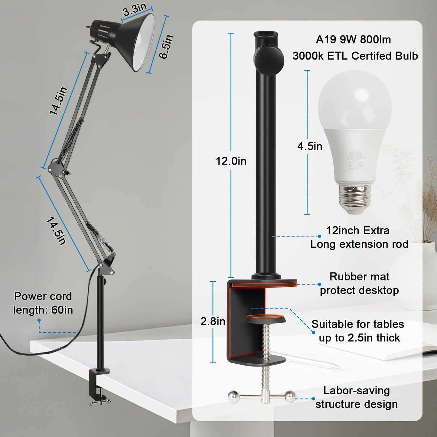 DXOVEEN LED Clamp on Desk Lamp,360°Adjustable Swing Arm Desk Lamp,Clamp Light with Eye-Caring LED Bulb for Home Office Reading Drafting