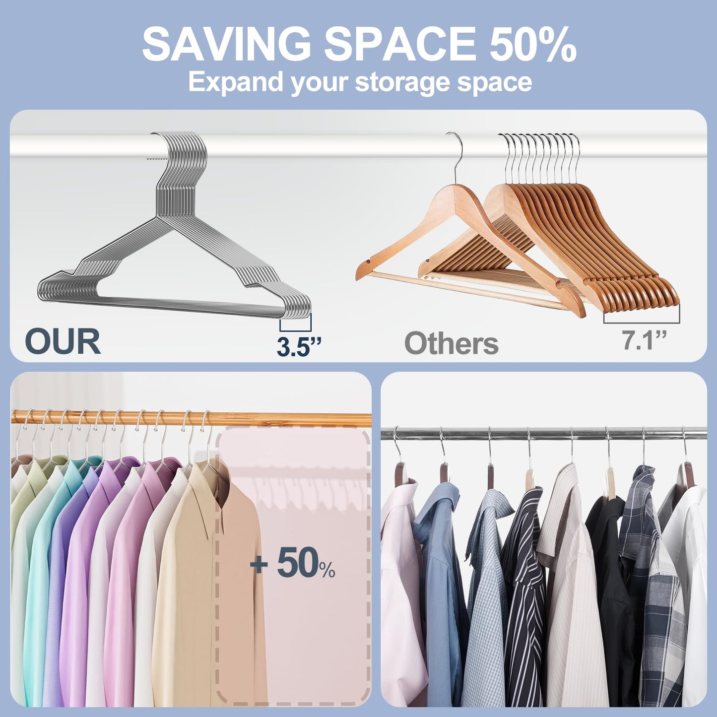 UEAKPIC Heavy Duty 100 Pack Clothes Hangers, Space Saving & Non-Slip Wire Hanger, Stainless Steel Rustproof (11lb & 3.2mm), Metal Hangers for Suits, Shirts, Pants, Dresses (Silver)