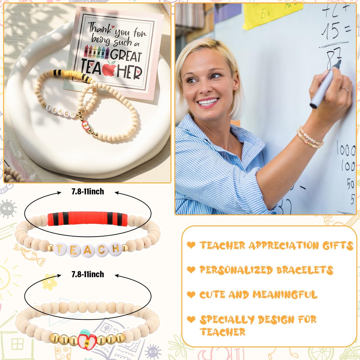 Juinte 6 Set Teacher Appreciation Gifts Crayon Crochet Dolls with Thank You Teacher Bracelet Presents for Graduation End of Year from Students