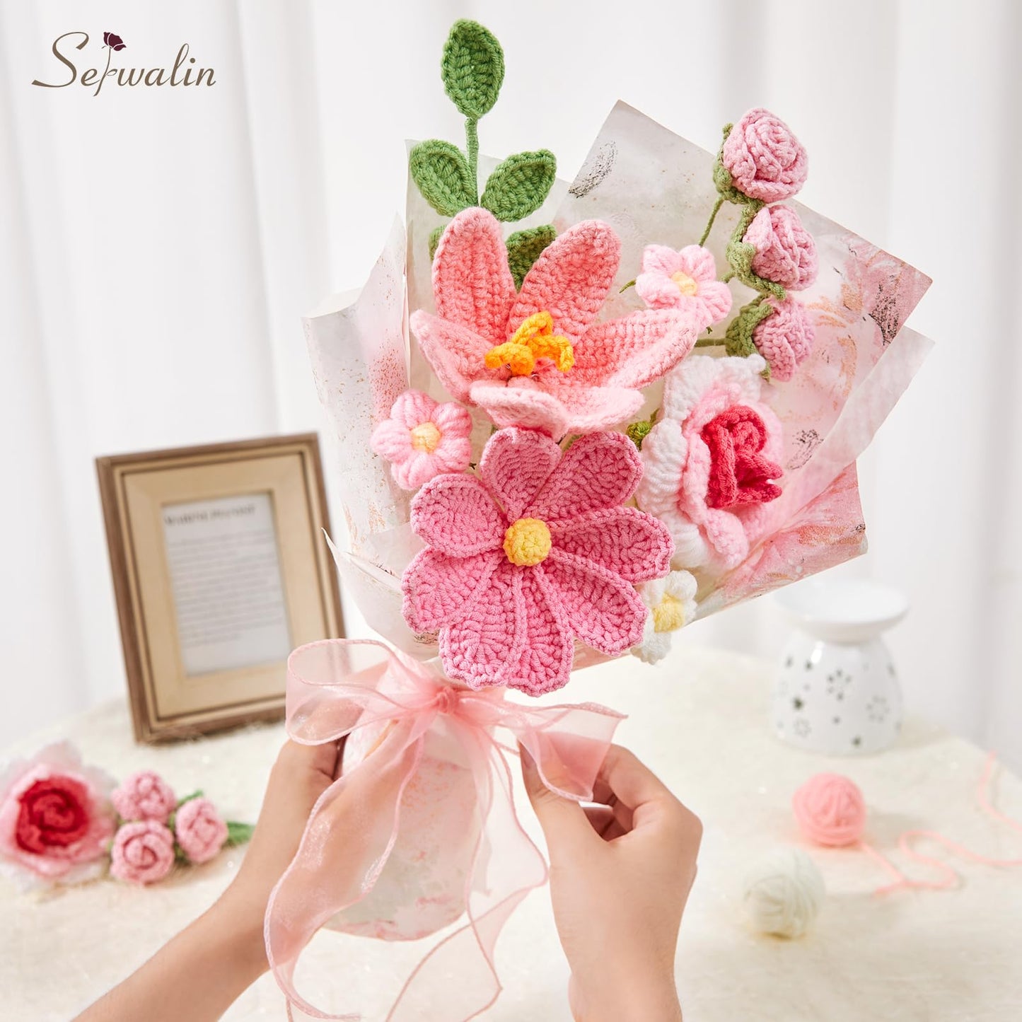 Serwalin Crochet Flower Bouquet, Pink Handmade Knitted Flowers, Crochet Tulips Galsang Flowers for Mother's Day Graduation Teacher Anniversary Birthday for Her, Girlfriend, Wife(Include Card)
