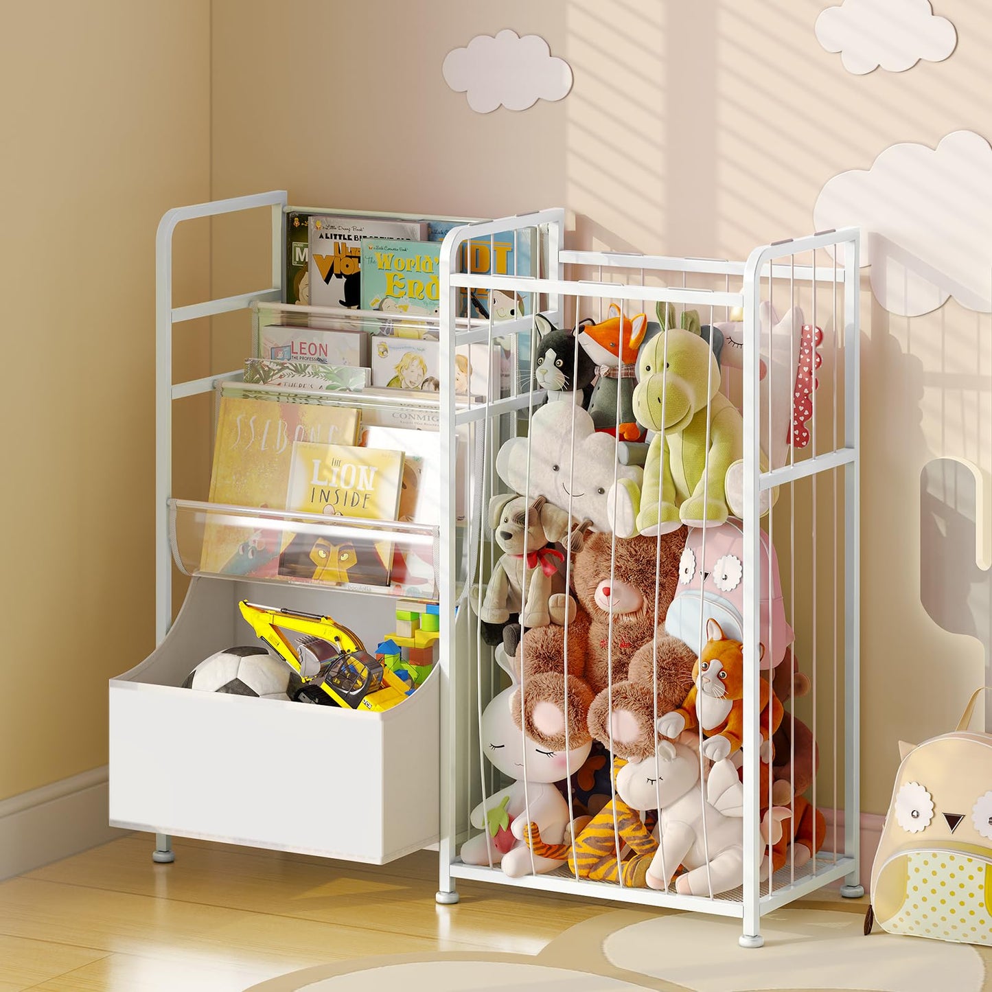 BBLIKE Kids Bookshelf and Stuffed Animal Storage - Multi-Function Nursery Book Shelves with Leather Toy Box and PVC Book Display, Toy Organizer for Playroom, Bedroom, Nursery, White