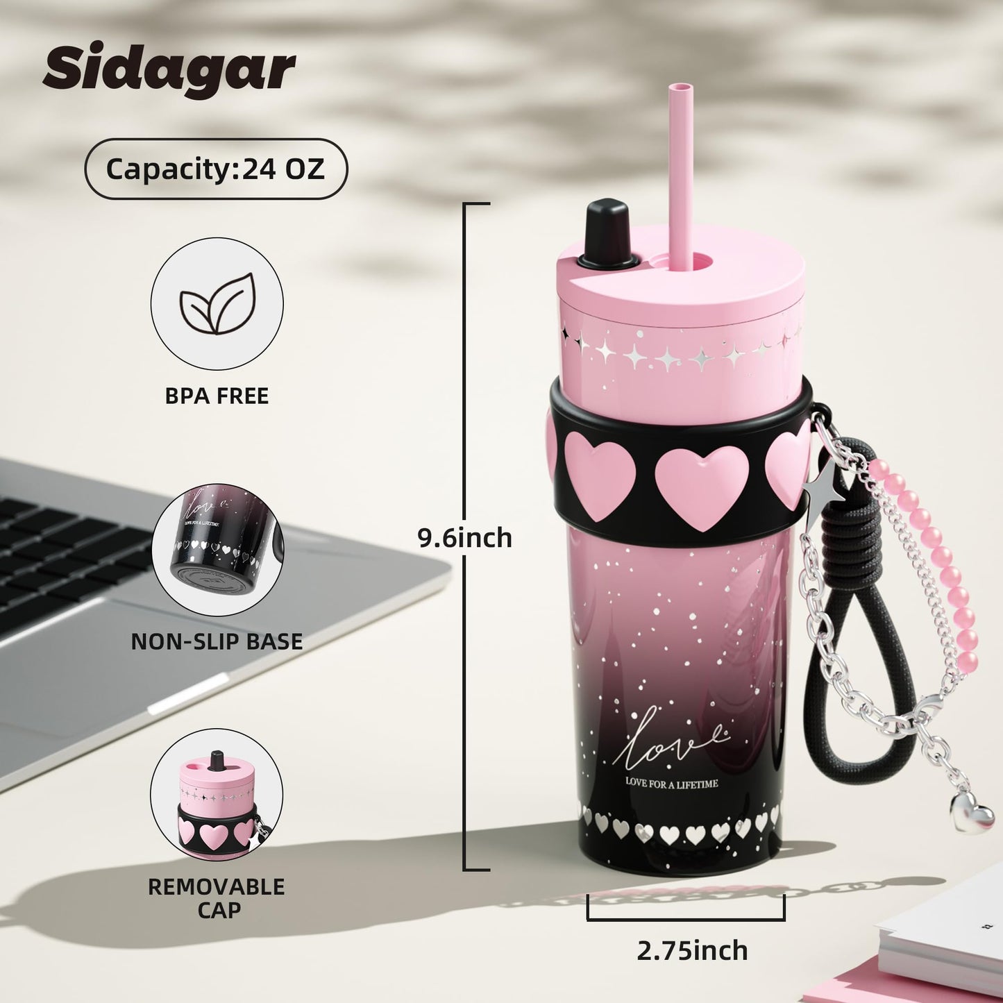 Sidagar 24 oz Stainless Steel Tumbler with Lid and Straw, Insulated Coffee Mug, Leak Proof, Portable Iced Travel Water Bottle, Reusable Thermal Coffee Cup Gift for Women, Pink