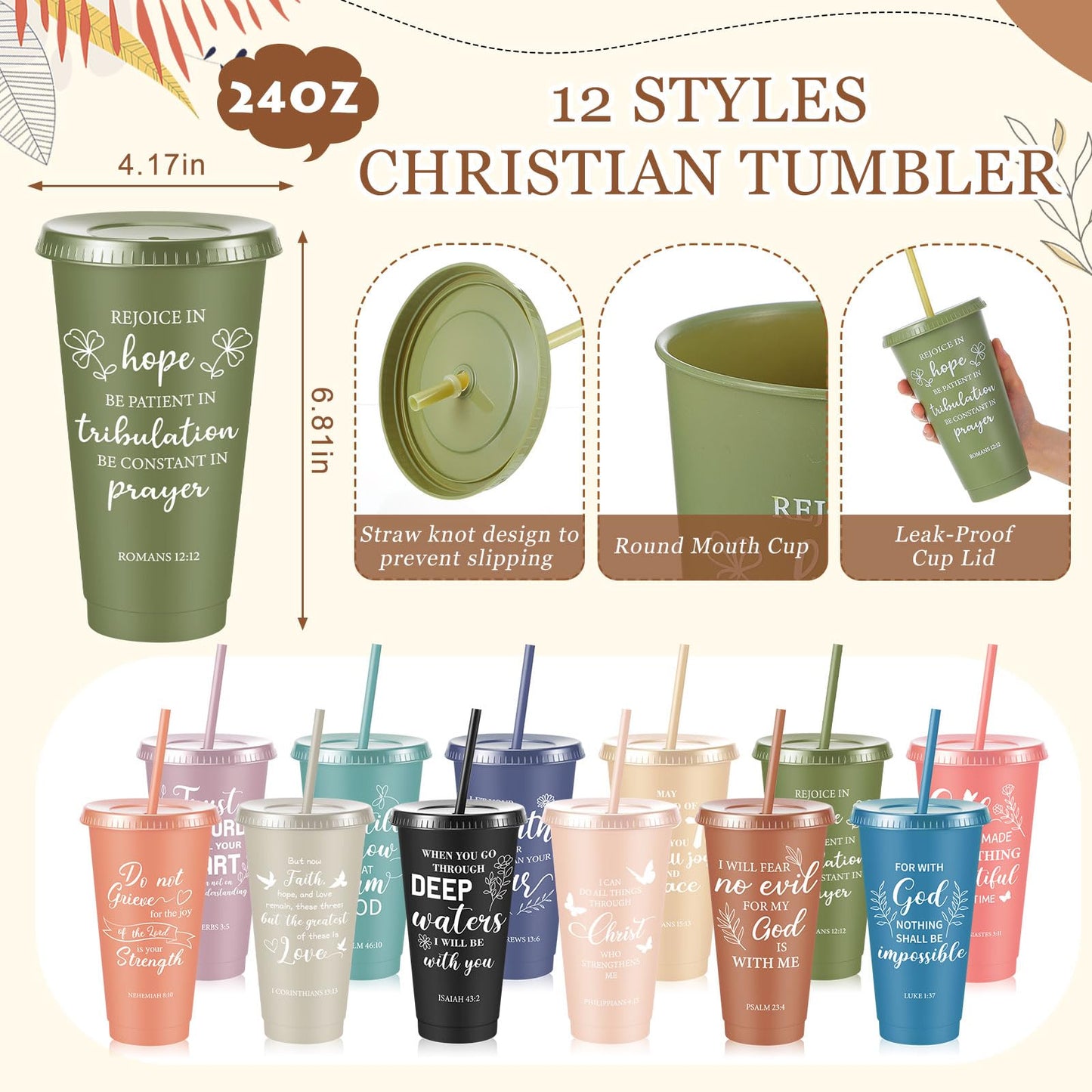 Hollowfly 12 Set / 48 Pcs Christian Church Gifts Bulk, Plastic Cups with Bible Verse Pens Keychains Notebooks for Women Christian Religious Catechist Appreciation Gifts (Morandi Color)