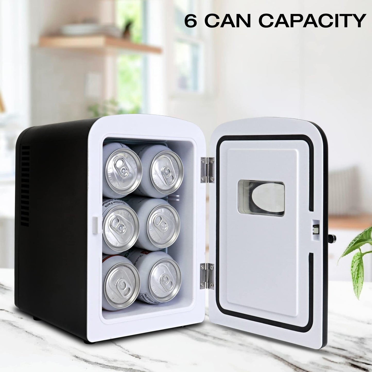 Koolatron Mini Fridge- Black Refrigerator 6 Can Portable Cooler for Bedroom Office Dorm Car Compact Fridge for Drinks Makeup Skincare Dual Power 12V 110V