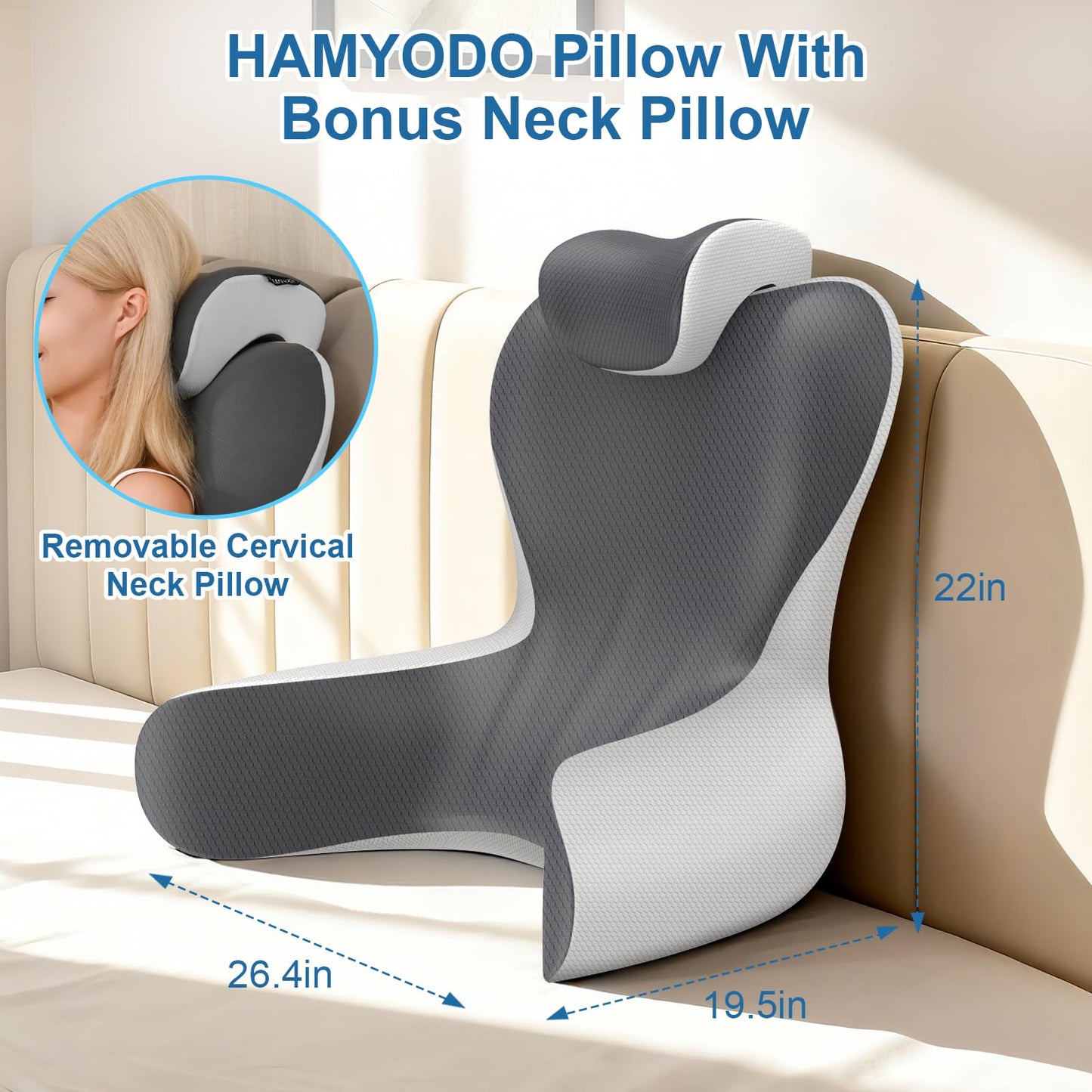Reading Pillow for Sitting in Bed, 22”H Bed Rest Pillows with Arms, Back Pillows for Sitting Up, Ergonomic Lumbar Support Cushion for Reclining, Gaming, Work, Resting, Watching TV, (Grey&Darkgrey)