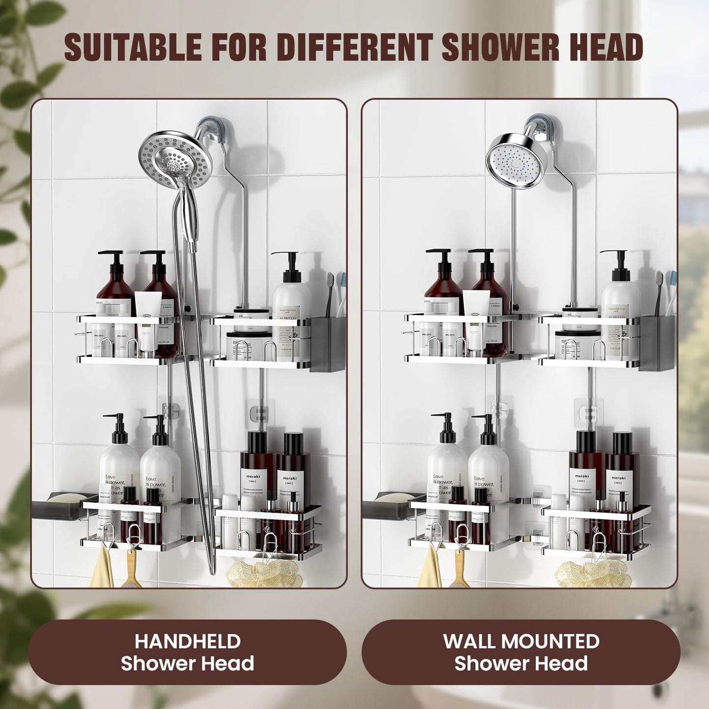 REINHARDT Adjustable Shower Caddy Hanging Rustproof Shower Caddy for Handheld Showerheads, Shower Organizer with Hooks Soap Holder, Anti-Swing Shower Rack Bathroom Accessories, Silver