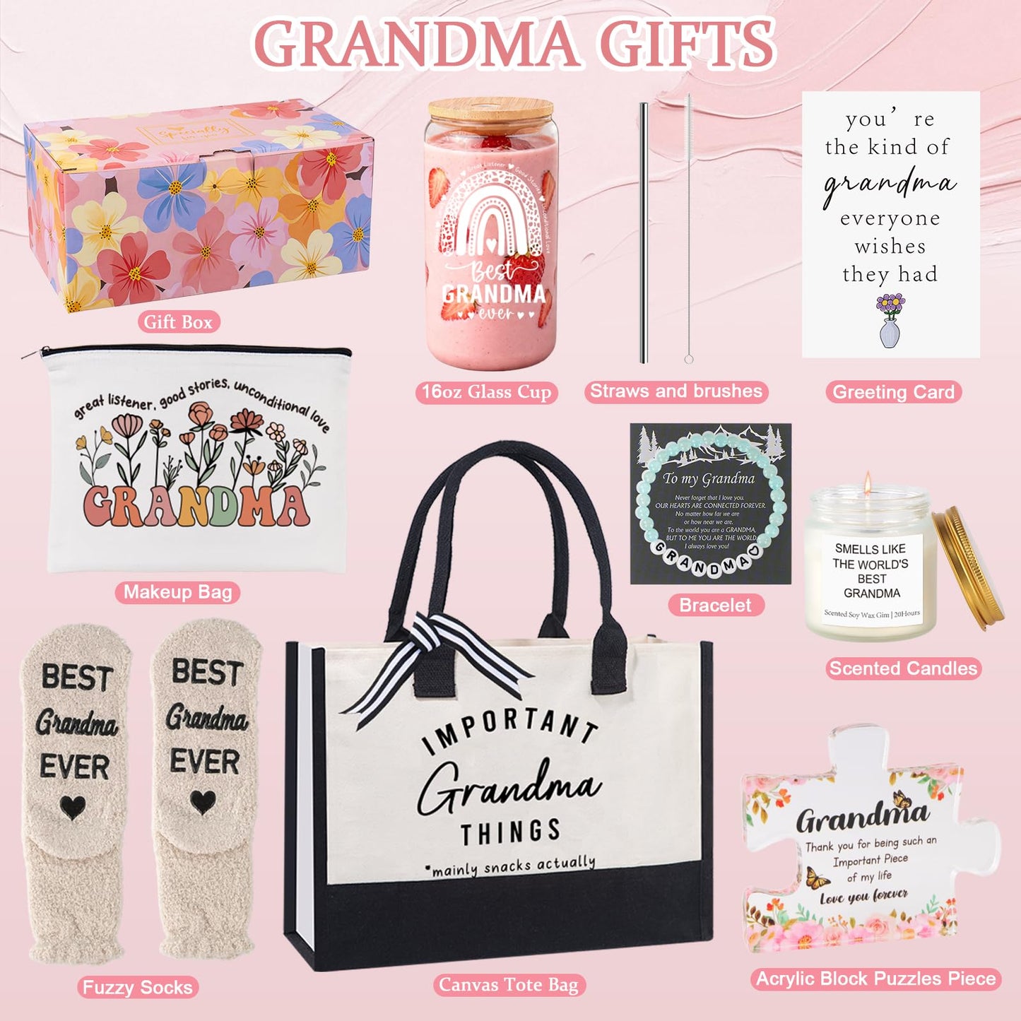 Mothers Day Birthday Gifts Basket for Grandma, New Grandma Gifts for Mothers Day, Grandmas Gift for Birthday, Grandmother Gift from Granddaughter Grandson Grandchildren Grandkids, Grandmas Presents