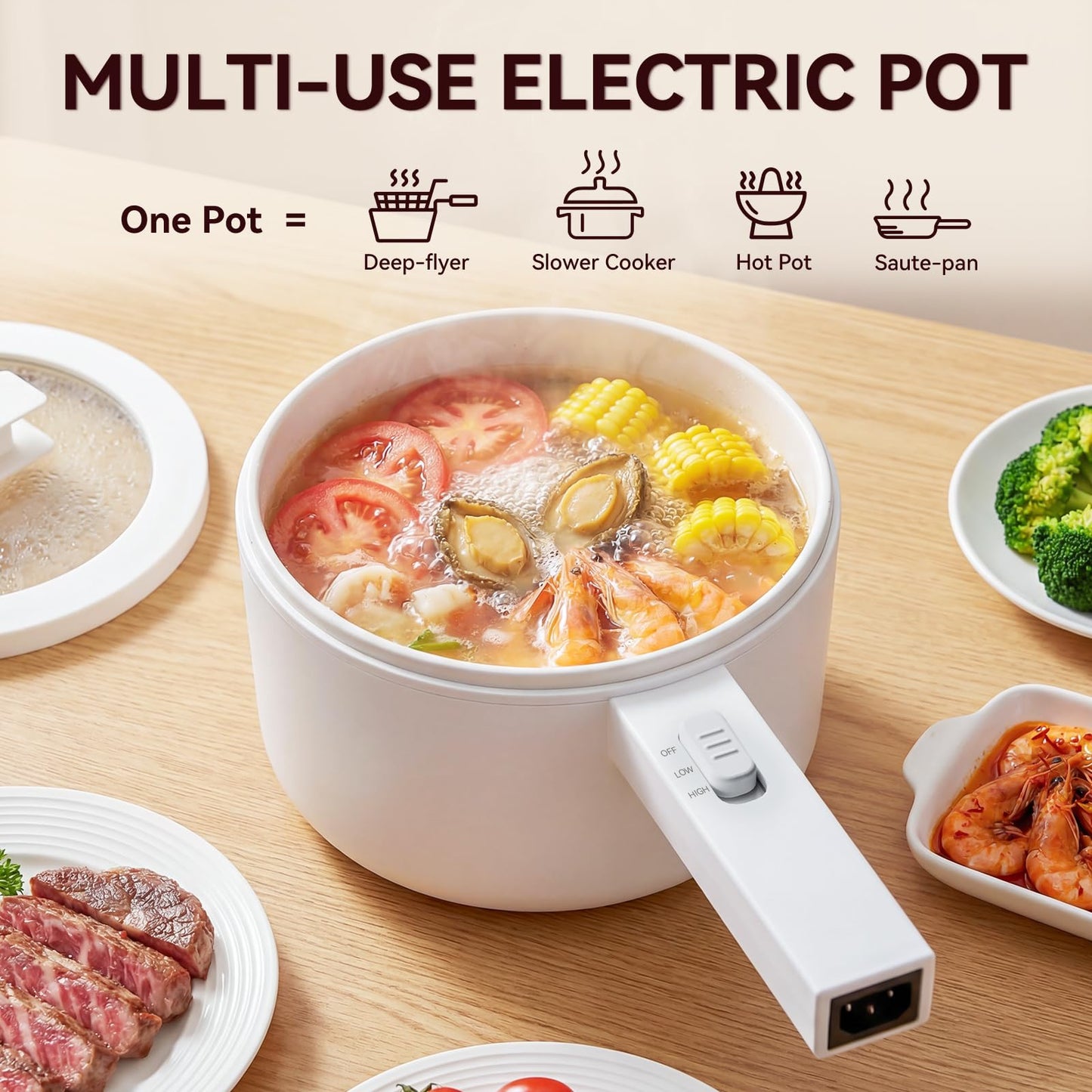 olayks Electric Hot Pot, 1.5L Mini Hot Pot, Ceramic Glaze Non-stick Portable Pot, Electric Pot for Steak, Egg, Fried Rice, Oatmeal, Soup, Ramen with Dual Power Control, Electric Pot for Dorm