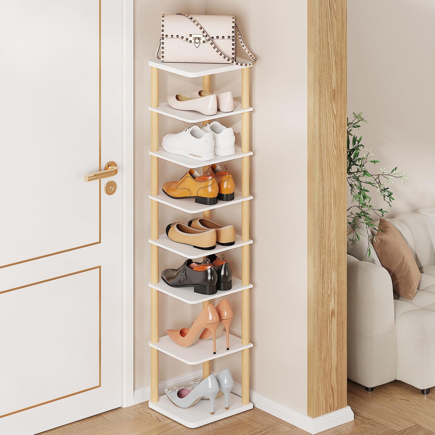 LUCKNOCK Vertical Shoe Rack, 8-Tier Tall Narrow Shoe Organizer for Entryway, Closet, Dorm & Small Spaces, Freestanding Wooden Shoe Shelf Tower for Boots, Sneakers, Heels. (White)