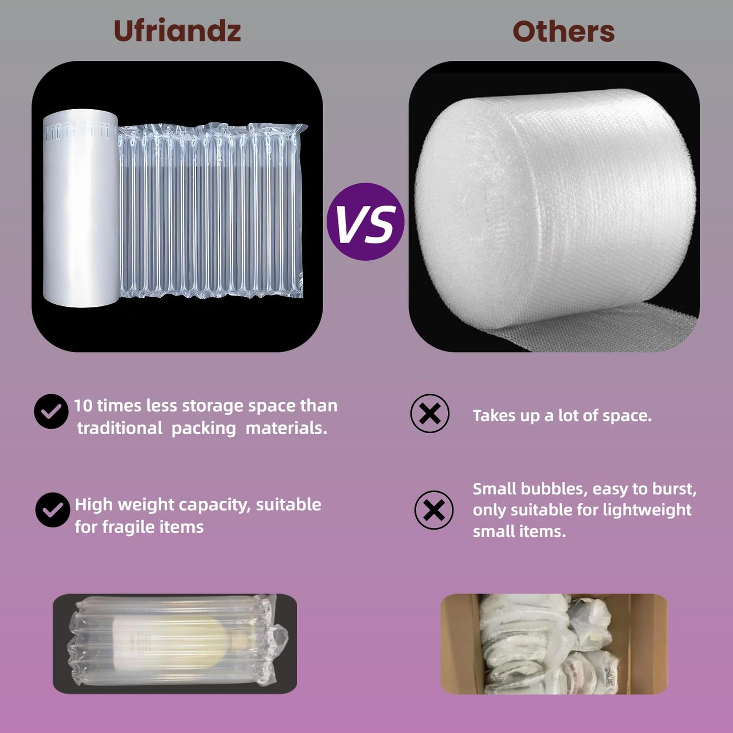 Ufriandz Large Bubble Cushion Wrap for Packing Fragile Items Inflatable Air Pillows for Shipping, Heavy Duty Reusable Eco-Friendly Packing Materials Moving Supplies for Bottles, TV, 11.8" x 131'