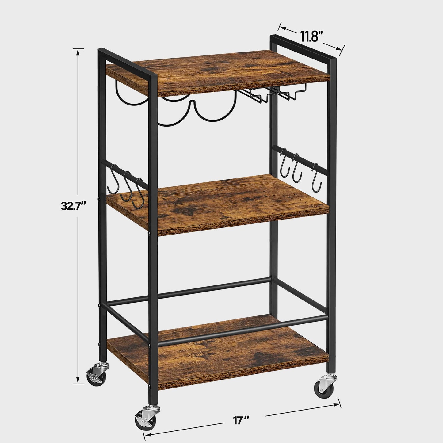 TUTOTAK Bar Cart, Home Bar Serving Cart with 3-Tier Shelf, Drink Cart with Wine Rack, Glass Holder, Rolling bar carts for the Home, Living Room, Brown BC01BB035