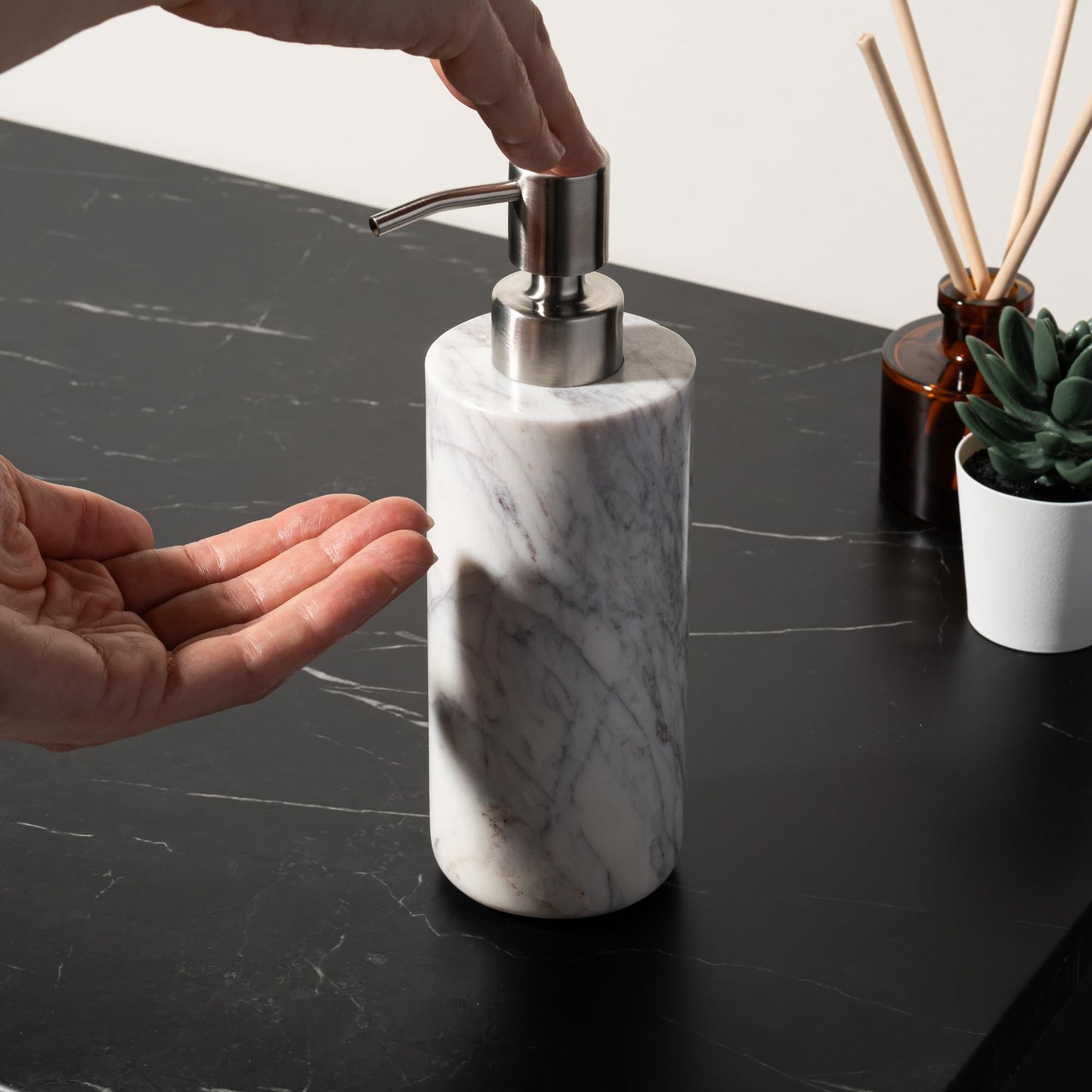 Cork & Mill Marble Bathroom Accessories Set, Solid Natural Marble, Complete Vanity Set with Soap Dispenser, Toothbrush Holder & Canister with Lid for Qtips, White Bathroom Countertop Decor