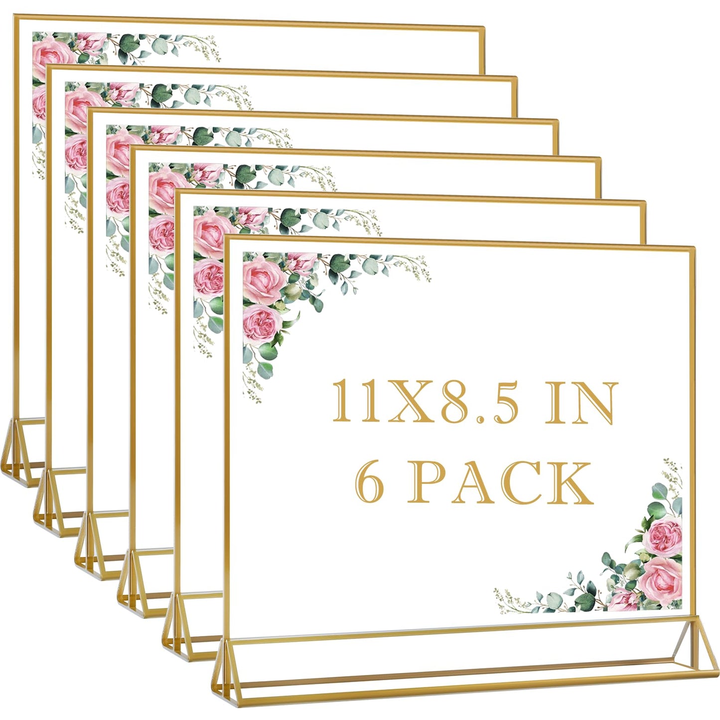 Cptoion 6 Pack Acrylic Sign Holders with Golden Border,11x 8.5 Horizontal Acrylic Sign Holder,Clear Picture Frames,Double Sided Table Menu Holders for Wedding Table Number Office Desktop Photos Display