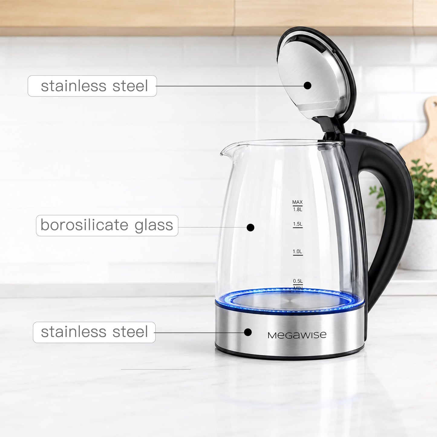 MEGAWISE Electric Kettle, No Plastic Contact with Water, Auto Shut-Off, Fast Boil, 1.8L Electric Glass Kettle, Hot Water Boiler, Tea Kettle, Borosilicate Glass, Black, 1000W