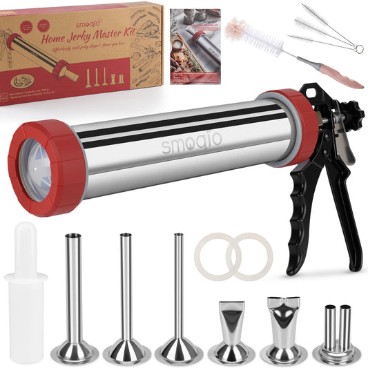SMOQIO 2LB Jerky Gun Kits, 304 Stainless Steel Beef Stick Gun, Beef Jerky Shooter Cannon with 6 Versatile Nozzles, Suitable for 19mm Snack Stick, with 4 Cleaning Brushes and 1 Meat Pusher