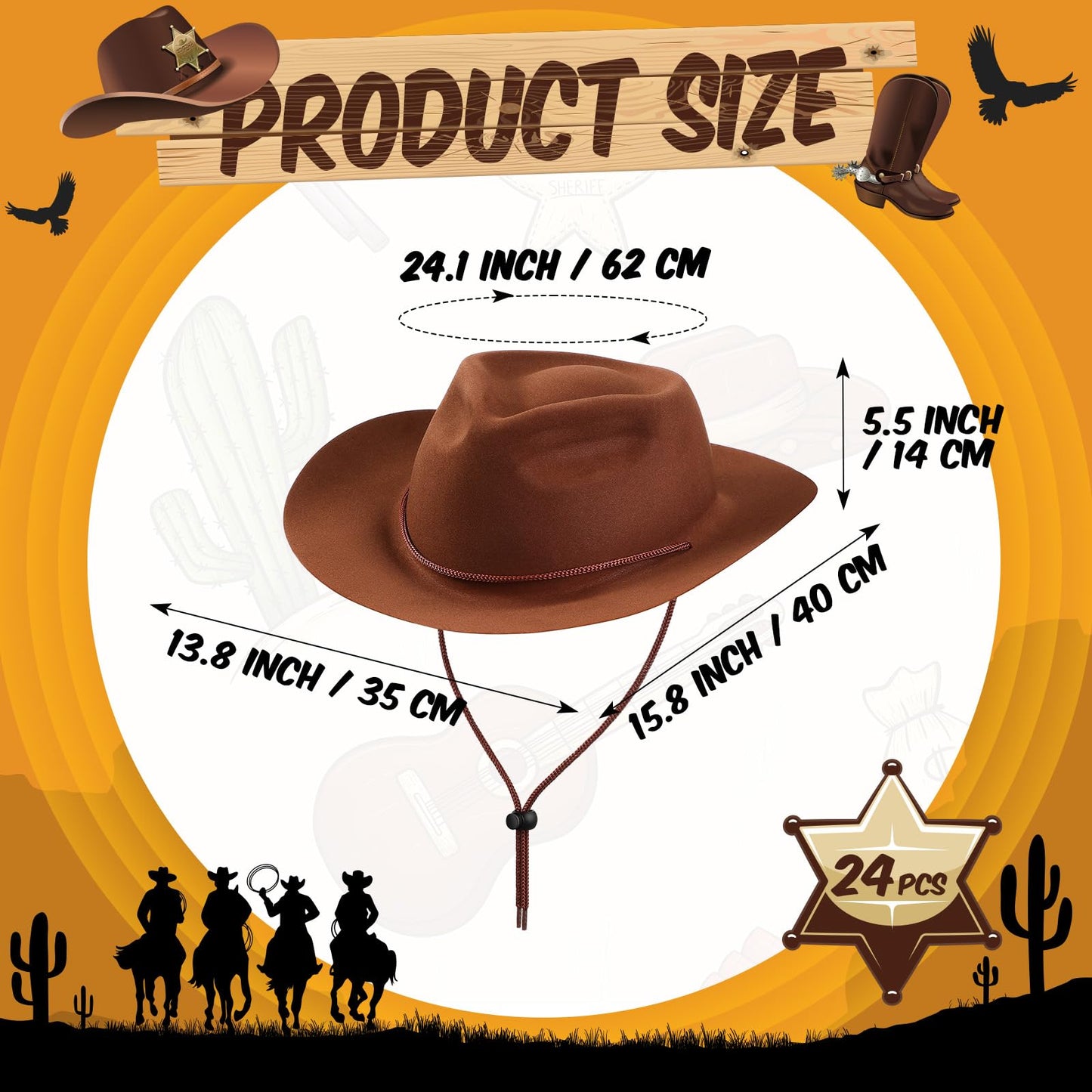 Mepase 24 Pieces Cowboy Hats Bulk Felt Western Party Wide Brimmed Cowgirl Hats Set for Adults Men Women Costume Party (Brown)