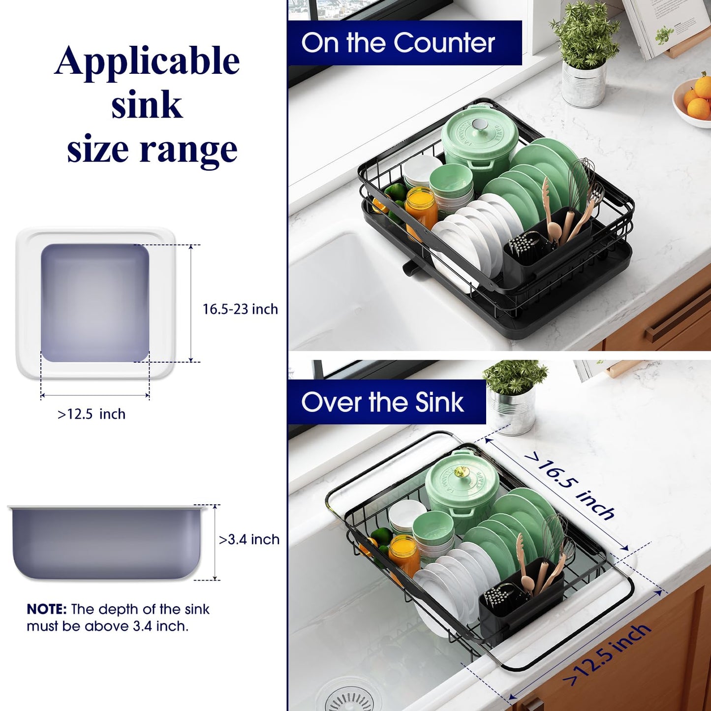 Kitsure Dish Drying Rack for Kitchen Counter, Stainless Steel Sink Organization and Storage Essentials with Cutlery Holder, Home and Appartment Decor, 12.2''W x 15.7''~23''L, Black