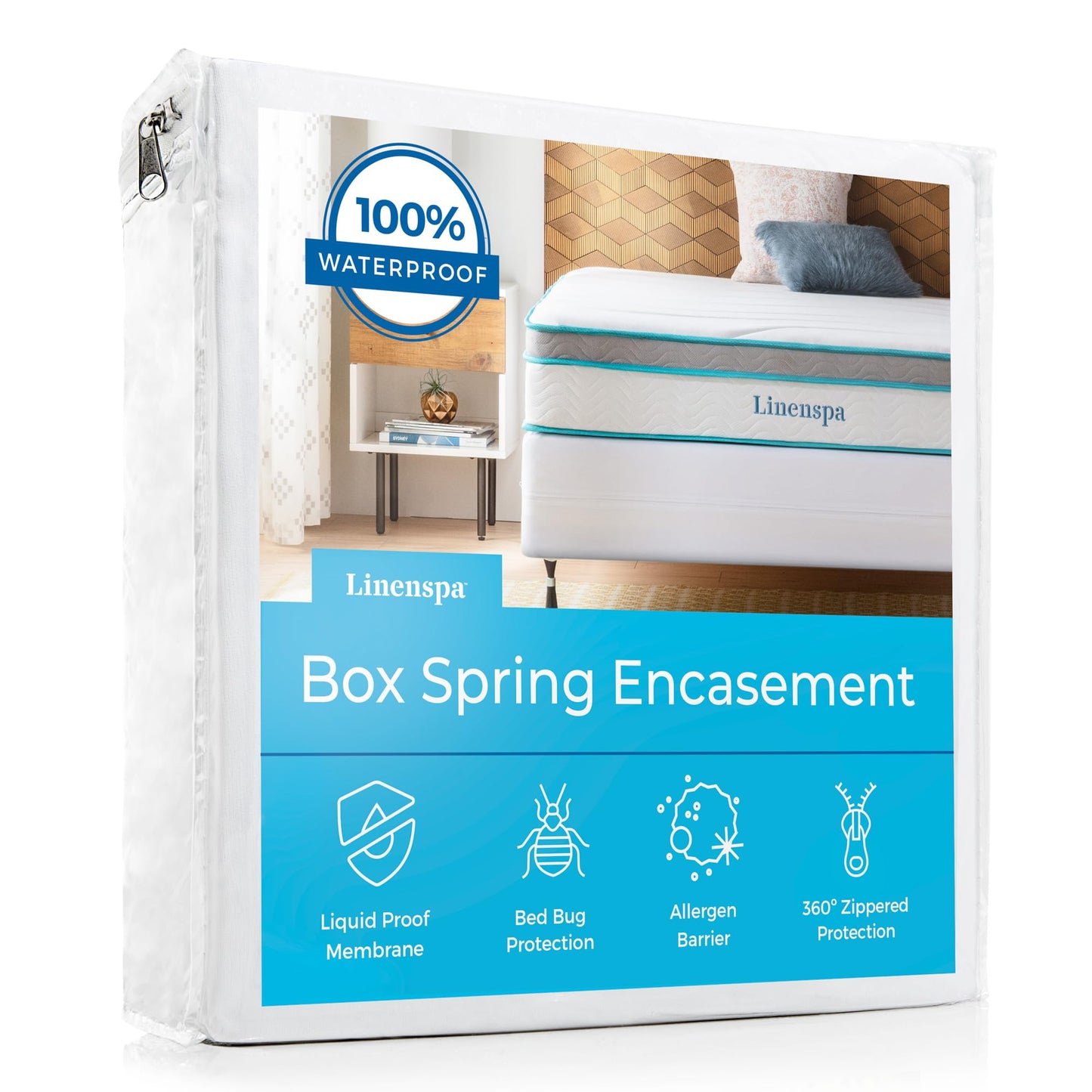 Linenspa Box Spring Encasement – Queen Size Box Spring Cover – Zippered and Waterproof Protector, Complete Protection – White