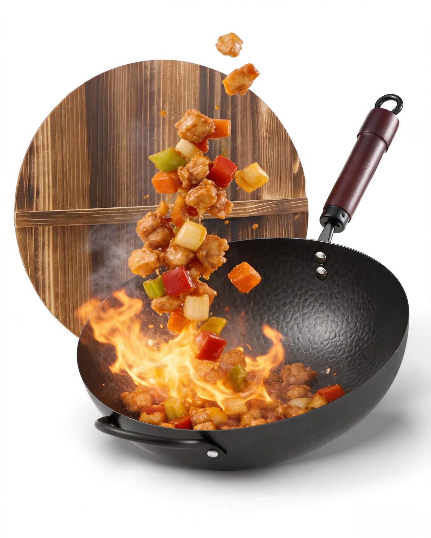 FGJ Wok Pan, Carbon Steel Wok, Woks & Stir-Fry Pans Nonstick, 13 Inch Wok Pan with Wooden Lid, Pre-Seasoned Carbon Steel Cookware, 5.8QT Flat Bottom Chinese Wok Pan, Compatible with All Cooktops