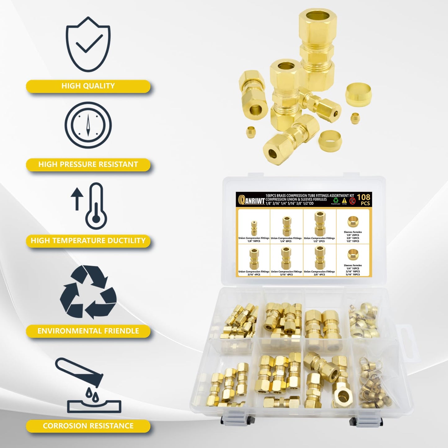 108pcs Brass Compression Tube Pipe Fittings Assortment Kit, 1/8" 3/16" 1/4" 3/8" 5/16" 1/2" OD Compression Union Connector & Compression Sleeves Ferrules