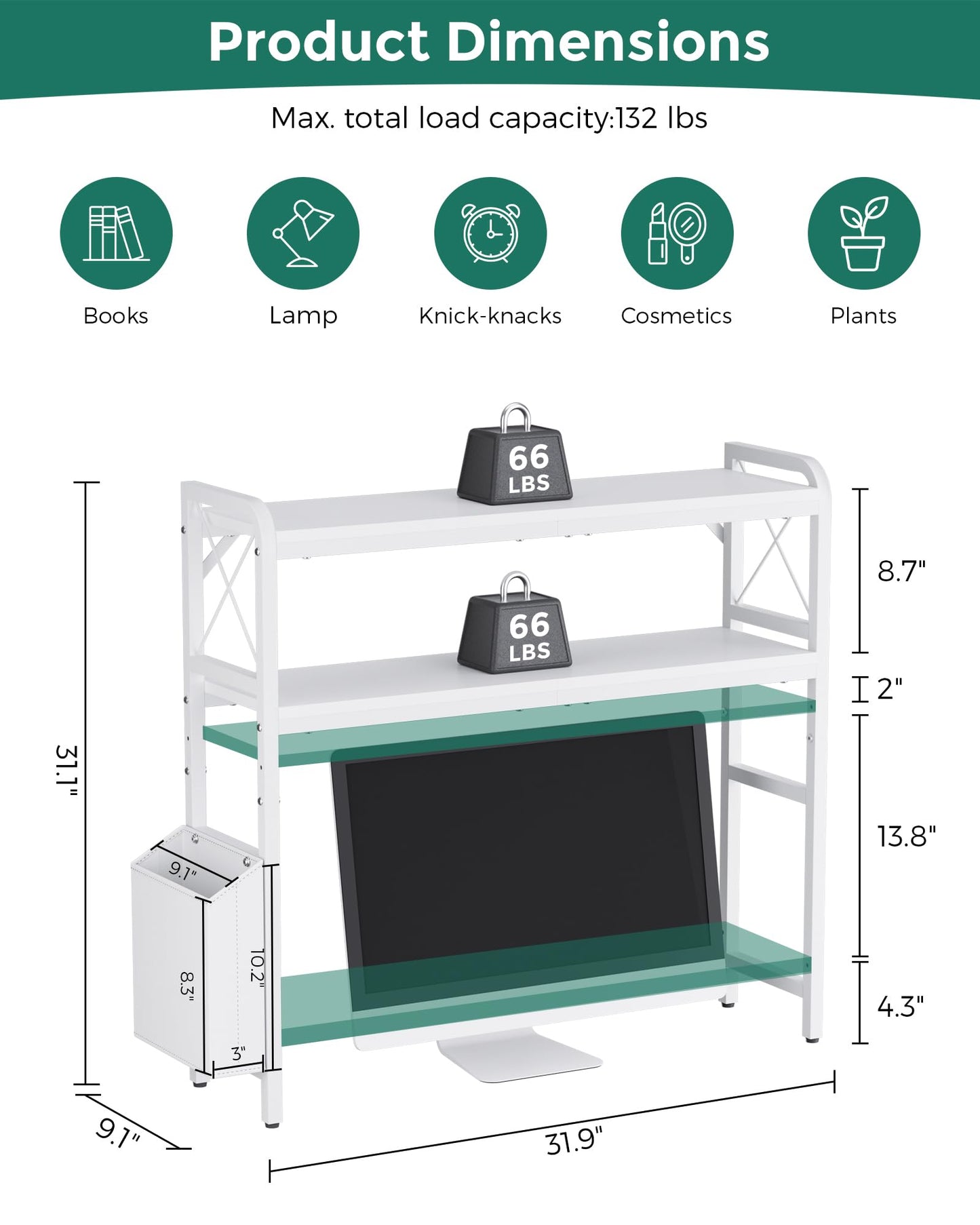 VERSASKY Desktop Shelves, Monitor Stand with Adjustable Shelves and Side Pockets, 2-Tier Desktop Bookshelf Organizer, Large Capacity Display Shelf Rack, Desk Hutch for Home Office, Study Room, White