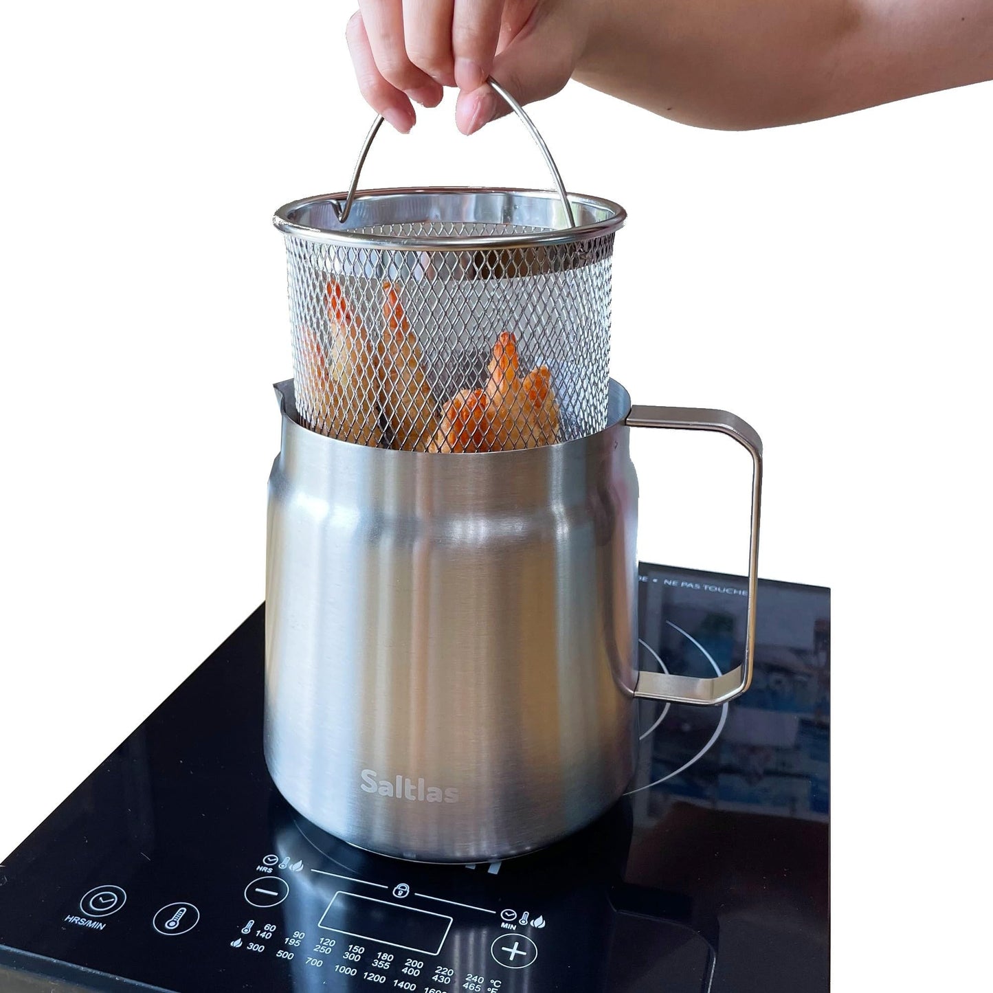 Saltlas 304 Stainless Steel Deep Fryer Pot with Basket and Oil Strainer, Double Bottom for Even Heating, Bacon Grease Container for Kitchen and Camping, Japanese Tempura Fryer, 2L (2Qt/68oz)