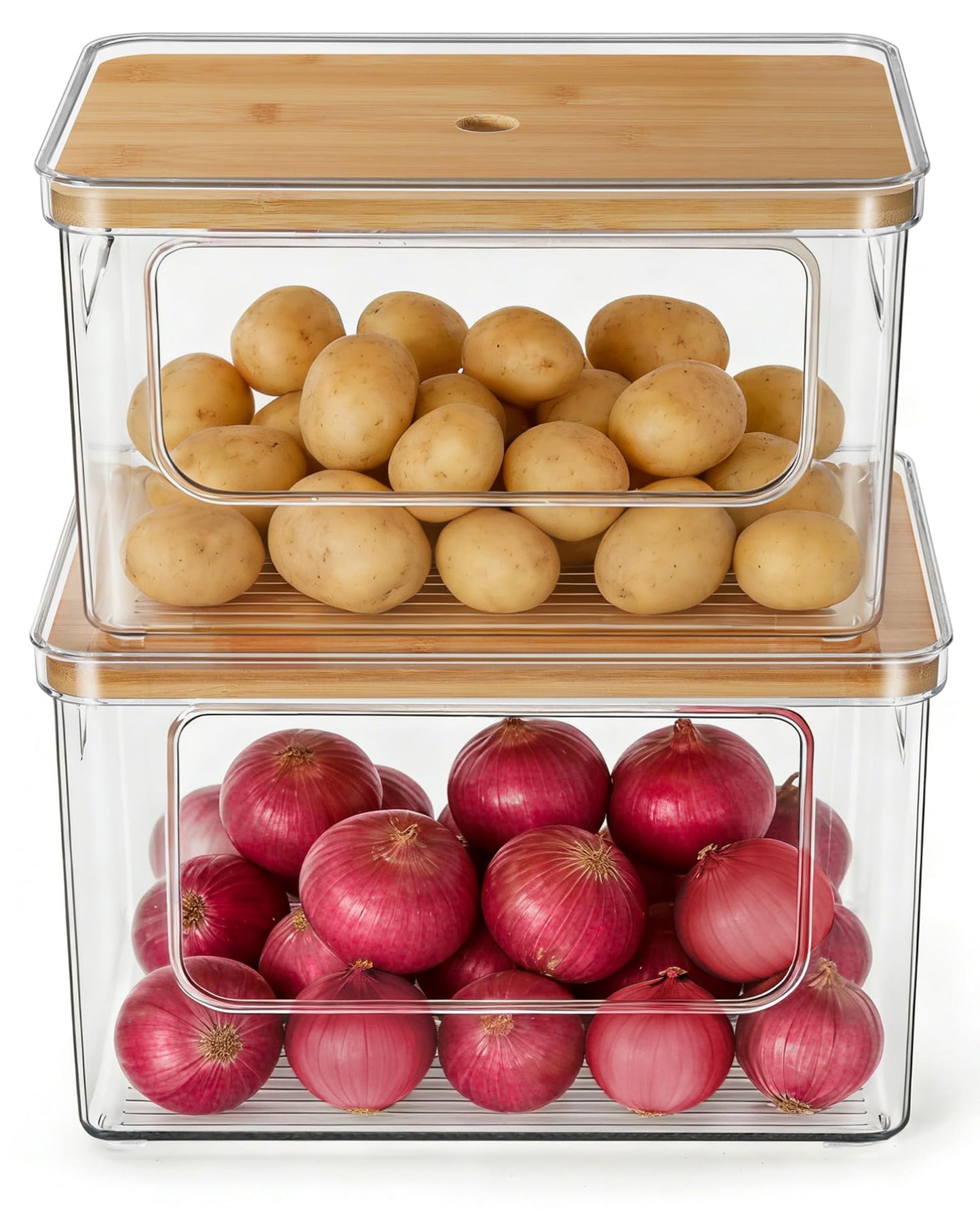 Hudgan Pantry Organizers and Storage with Straight Side, 2 Set Stackable Bin with Open Front for Onion,Potato,Garlic,Fruit, Clear Storage Bin with Bamboo Lid for Kitchen Cabinet, Countertop, Bathroom