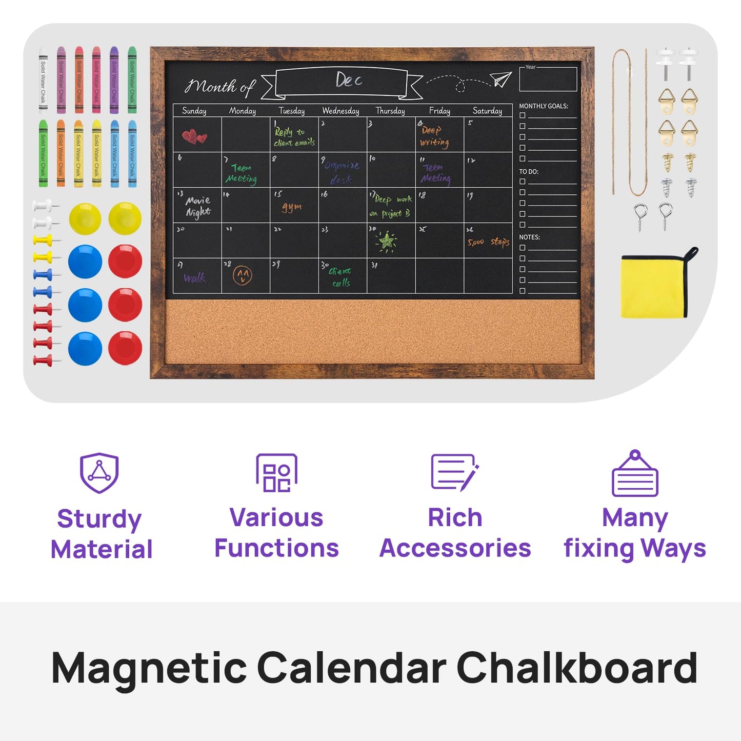 JEFURE Magnetic Chalkboard Calendar 24x36 Inches, Framed Chalk Board for Wall Organization, Planning/School Timetable/Memo, Hanging Magnetic Surface for Office, School, Home