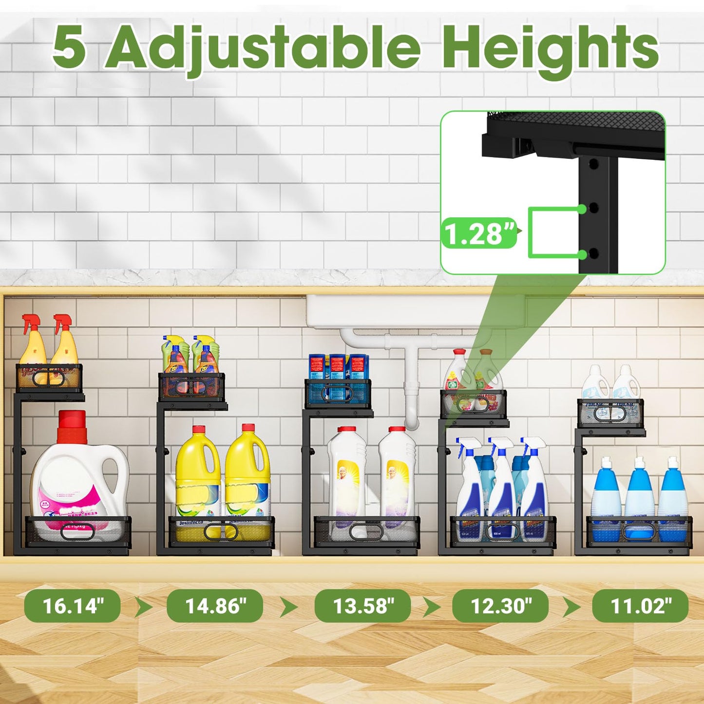 AURIKAR Under Sink Organizer 2-Pack, Metal 2-Tier Pull-Out Cabinet Shelf with Slide-Out Mesh Drawers, Height Adjustable, Space-Saving Under Sink Storage Racks for Kitchen, Bathroom, Laundry Room