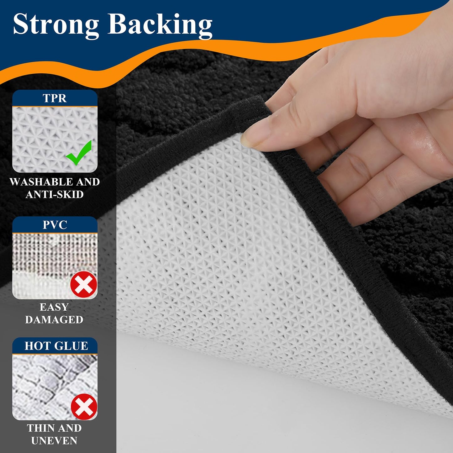 Ileading Bathroom Rugs Sets 5 Piece, Ultra Soft Absorbent Bath Mat for Bathroom, Non Slip Washable Bath Rug Set with Toilet Cover, Plush Bath Runner and U-Shaped Contour Toilet Rug, Black