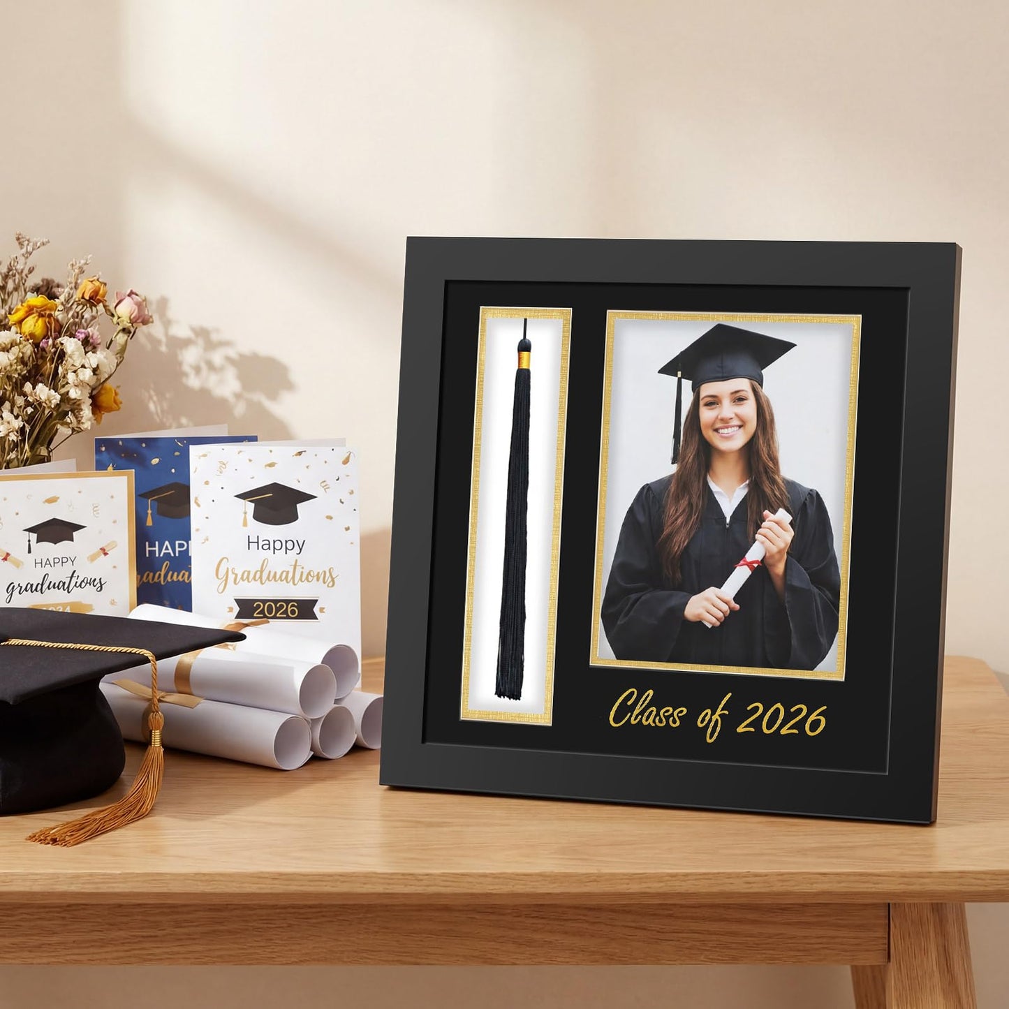 Amyhill Graduation Photo Frame 5×7 Inch with Tassel Holder for Pictures Photo Frame Elegant Black over Gold Double Mat Graduation Party Decorations, Class of 2026 Gift