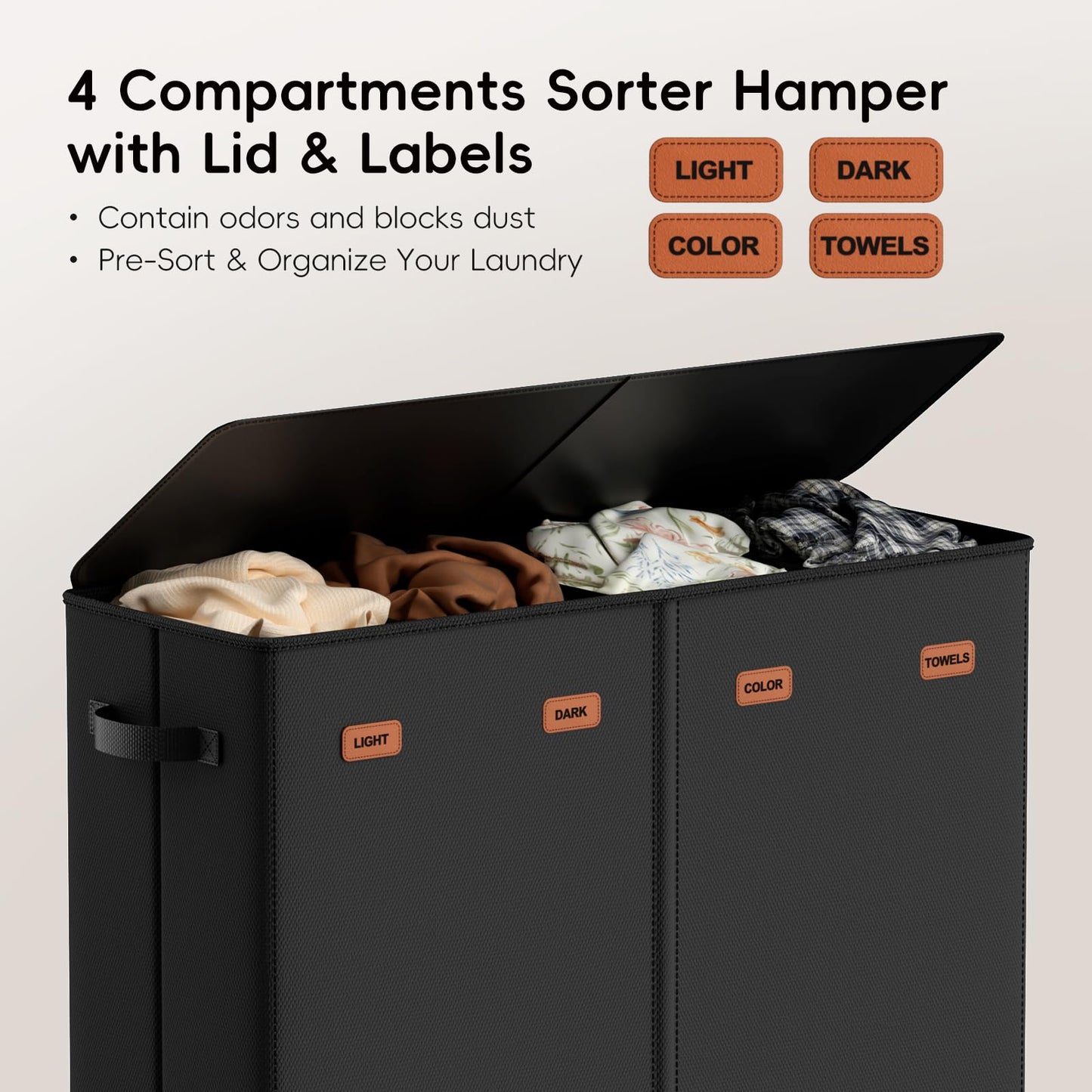 Vexalora Laundry Hamper 4-Section with Lid, 185L Laundry Sorter with 4 Removable Bags + 1 Extra Large Bag, Switchable 3/4 Compartment, Laundry Basket Organizer for Bedroom, Laundry Room，Black
