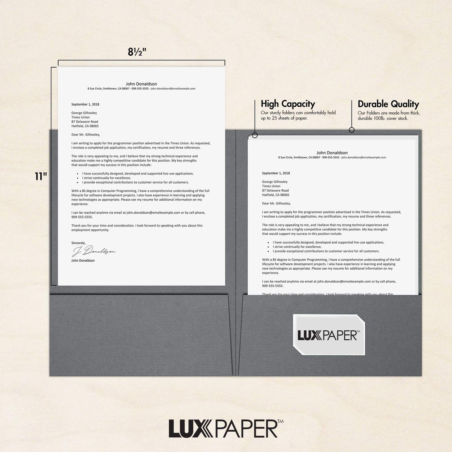 LUXPaper 9" x 12" Presentation Folders | Two Pocket | Front Cover Card Slits (Lower Right) | Sterling Gray Linen | 100lb. Cover | 25 Qty