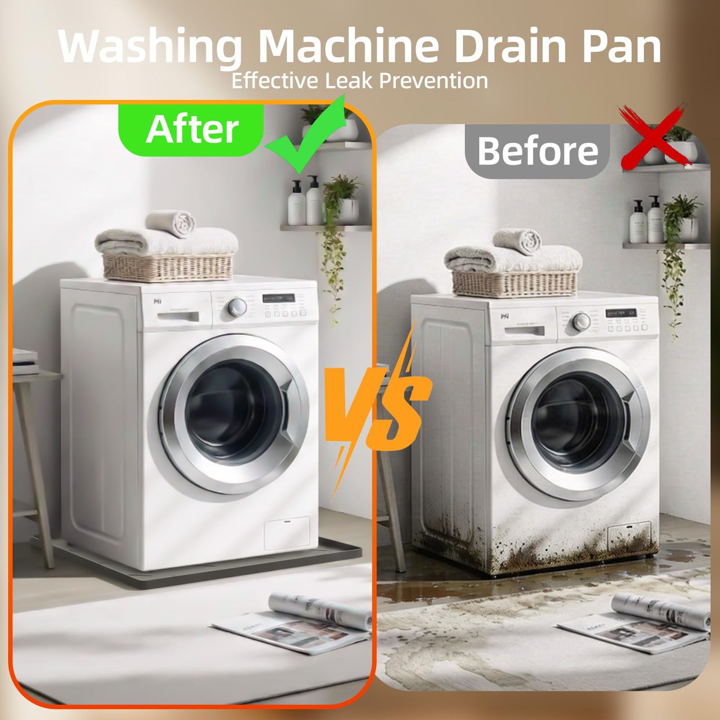 Washing Machine Drain Pan Silicone Mat, 32 x 30 Inch Washer Drip Tray, Non-Slip Waterproof Washer Tray for Floor Protection, Anti-Vibration Mat for Washer or Dryer