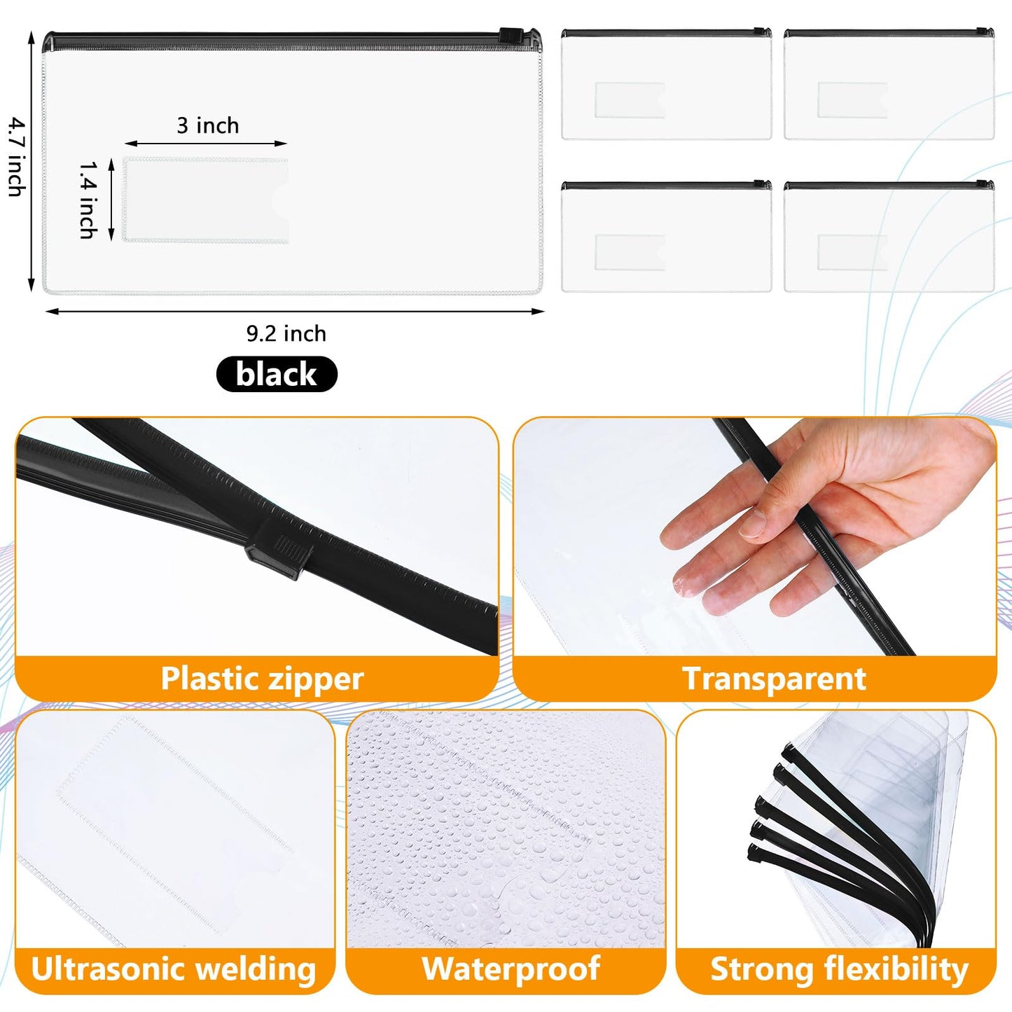 Zhehao 200 Pcs Poly Zip Envelopes Bulk, A6 Size Clear Plastic Pencil Pouch with Label Zipper, 9.2 x 4.7 Inch Reusable Bill File Bag for Cash, Money (Black)