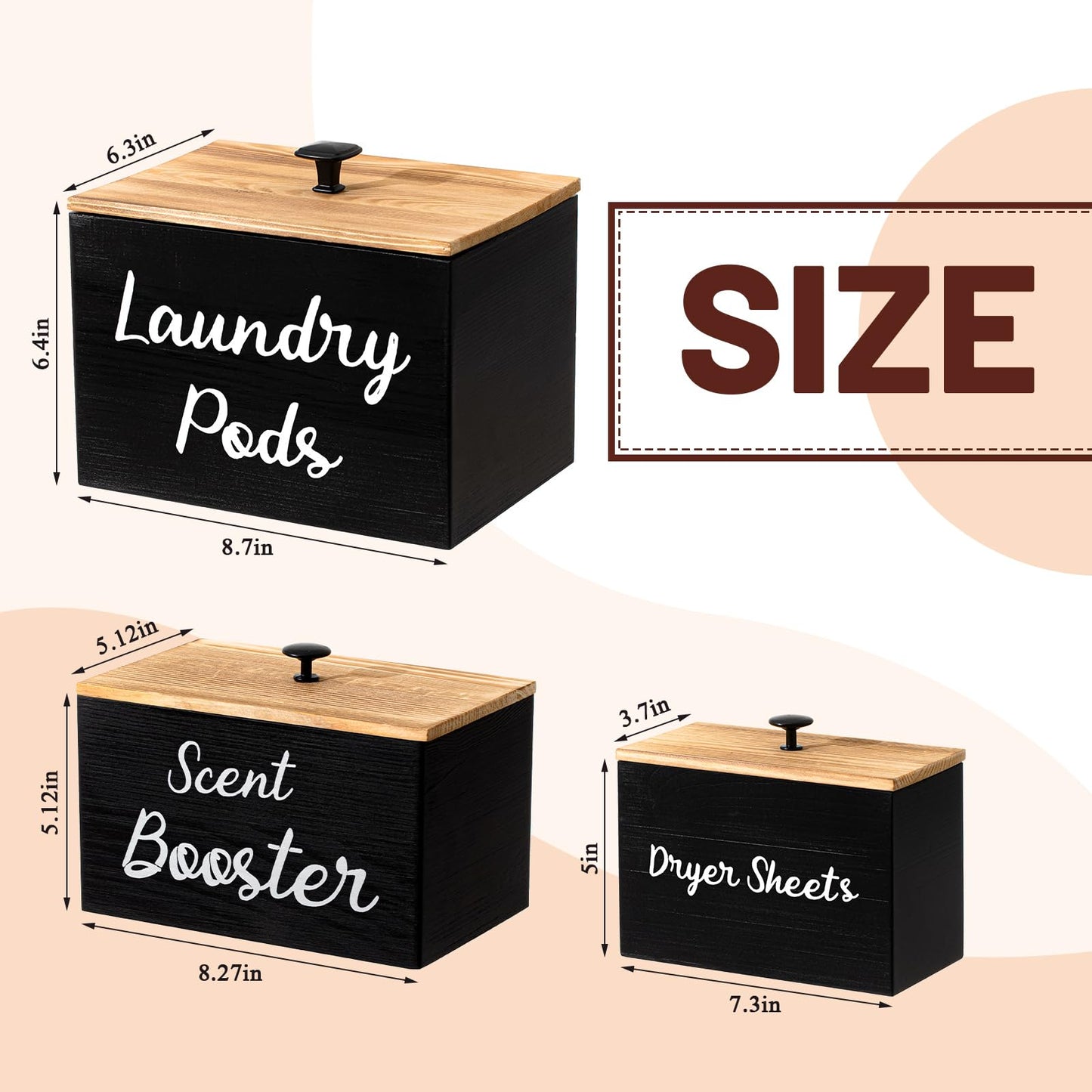 Dandat 3 Pcs Wood Laundry Pods Container Farmhouse Decoration Laundry Room Organization and Storage, Rustic Dryer Sheet Holder Scent Booster Container Set with Scoop(Black)