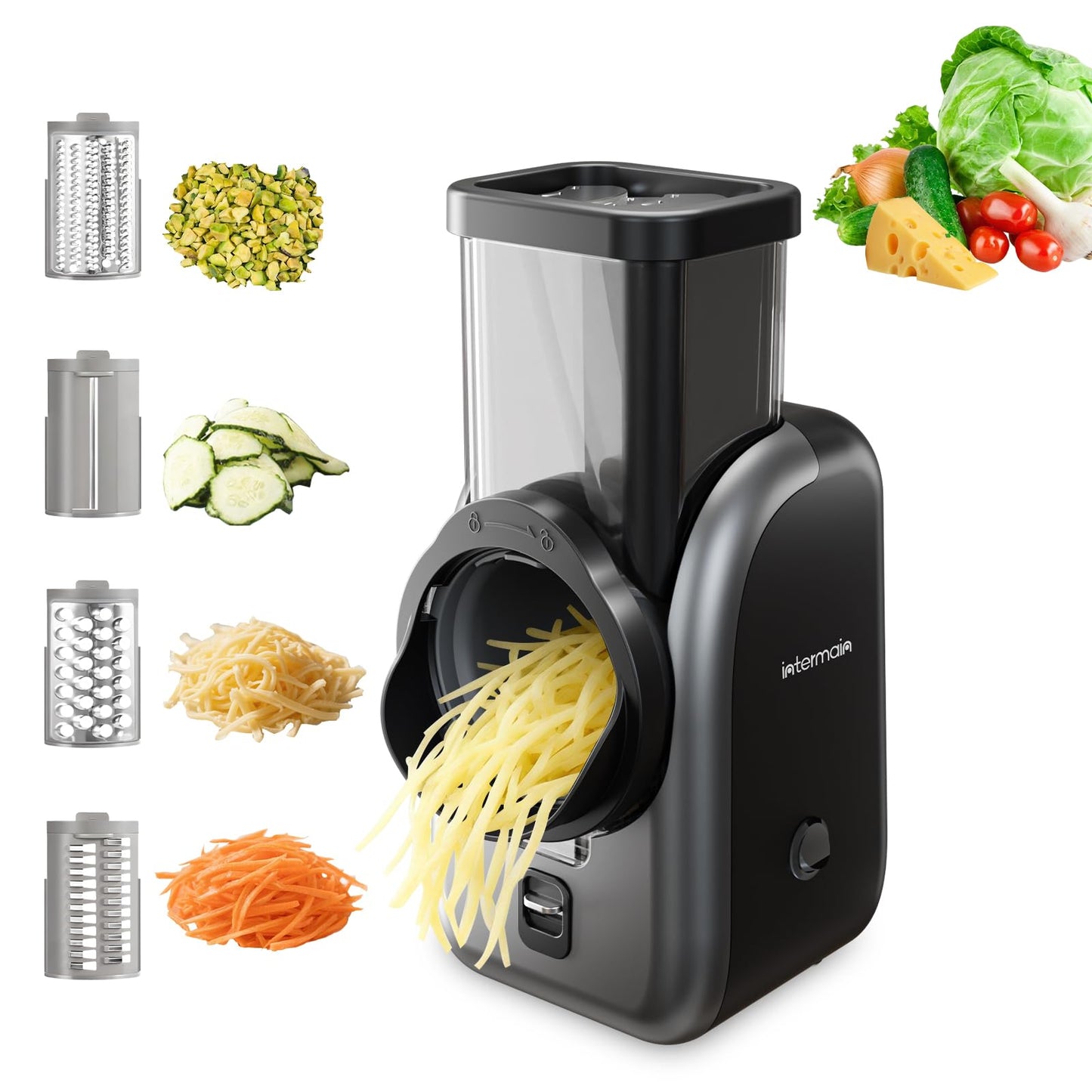 Electric Cheese Grater and Vegetable Slicer, 4 in 1 Salad Maker with Stainless Steel Blades, One-Touch Control Multifunctional Rotary Cutter for Potatoes Carrots Cucumbers Fruits Salad etc.