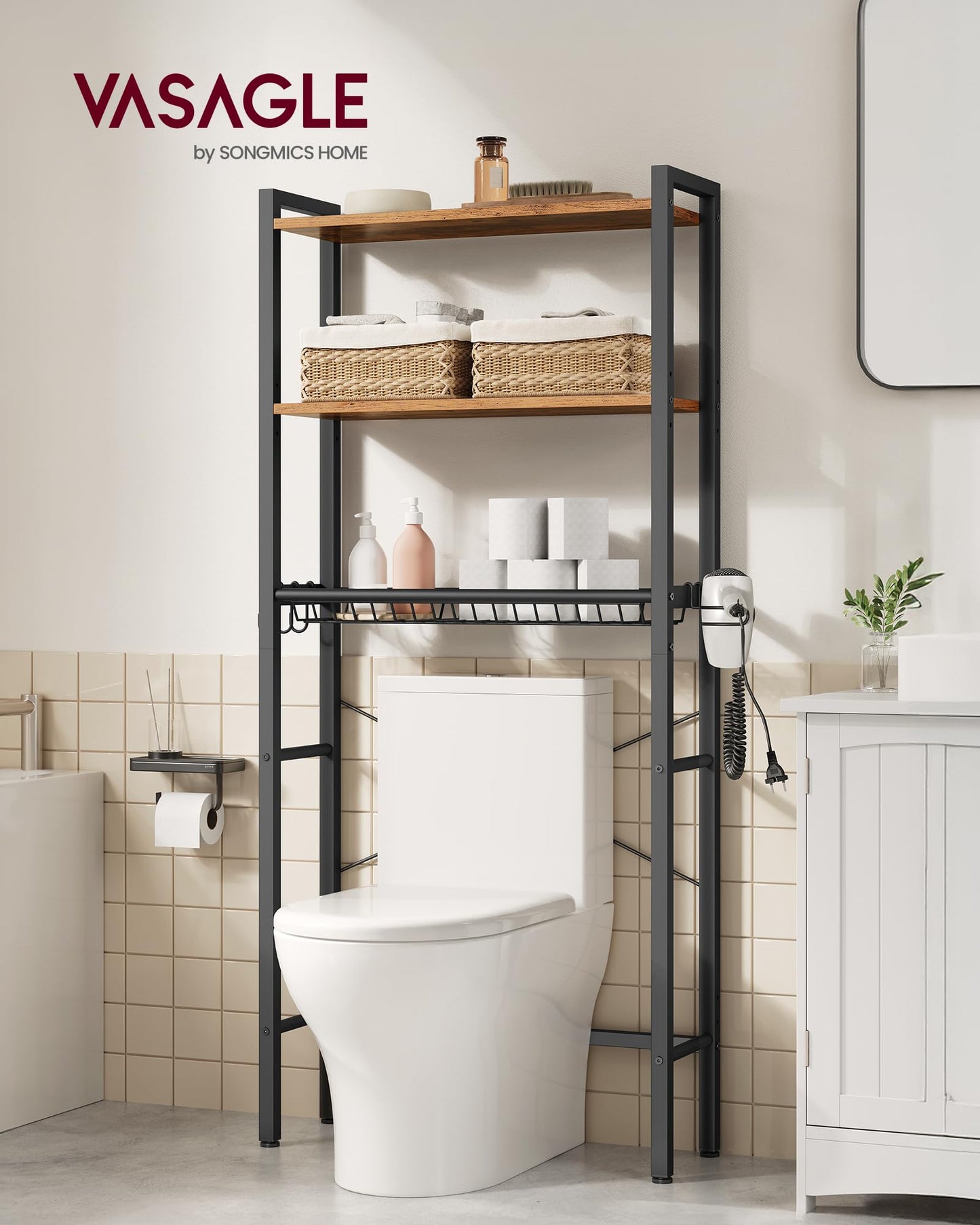 VASAGLE BARNET Collection - Over the Toilet Storage, Over Toilet Bathroom Organizer with Adjustable Shelves and Basket, 3 Hooks, Space Saving, 9.4 x 23.6 x 63 Inches, Rustic Brown UBTS113KD01S