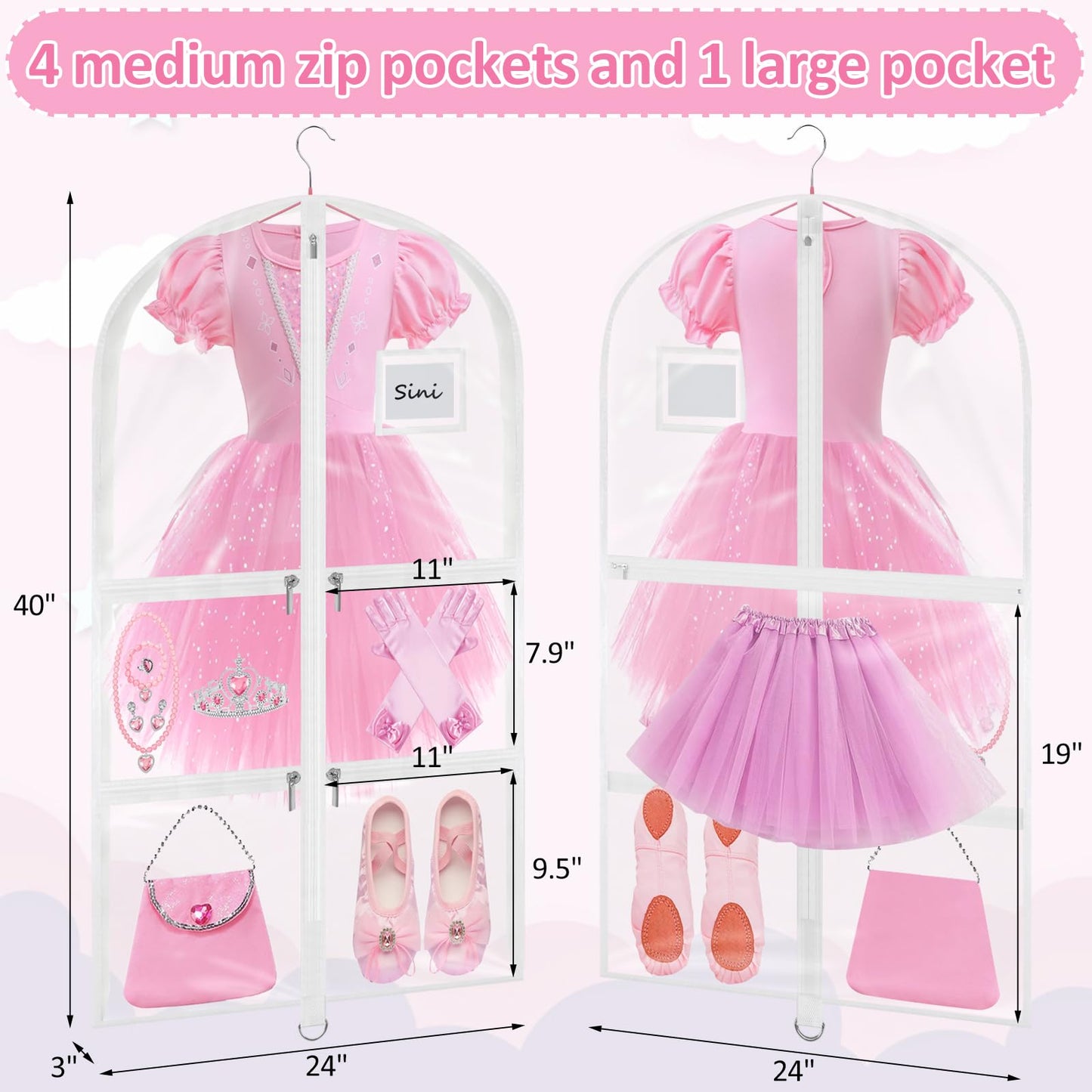 Wsaeig Garment Bags for Dance Costumes - 40 Inch Clear PVC with 5 Zipper Pockets (3 Pack, White) - Kids Dance Garment Bag for Dancers, Hanging Clothes Storage, Competitions & Travel (‎Clear White)