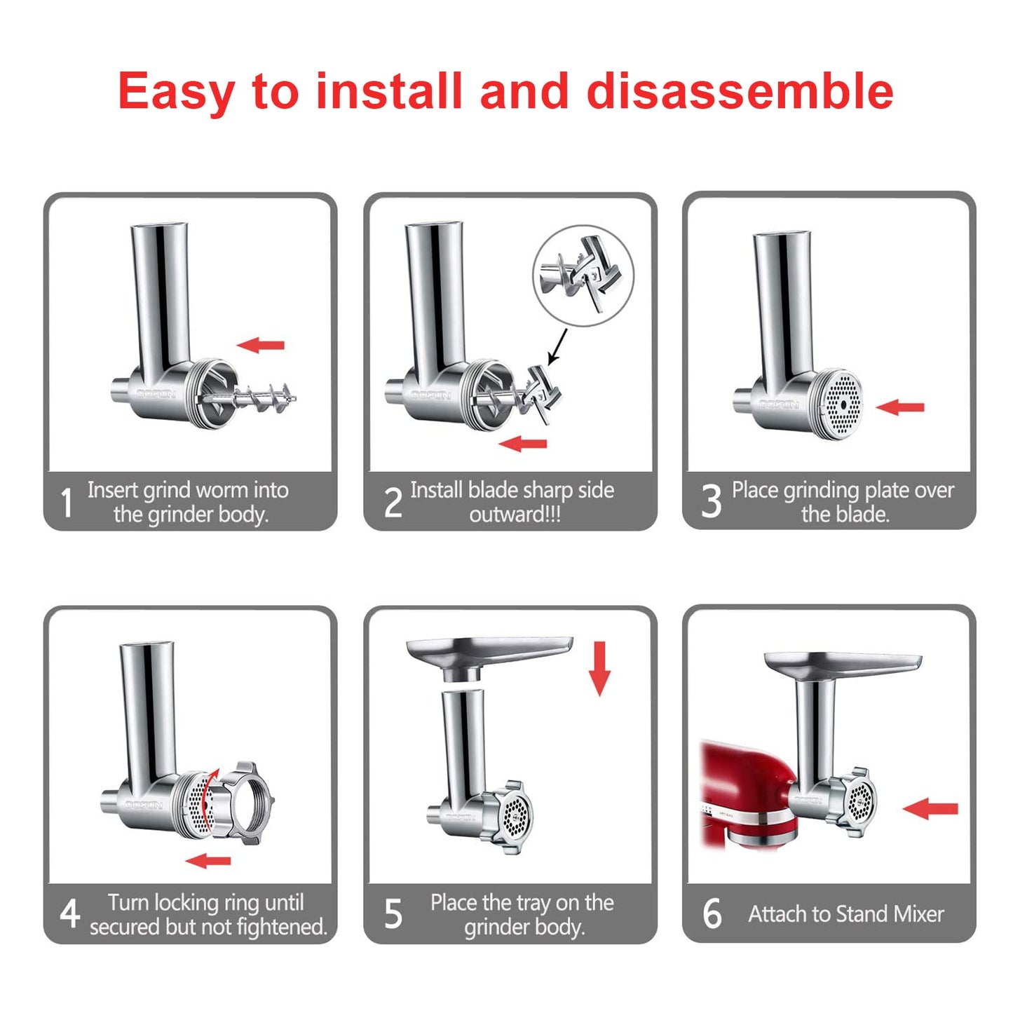 COFUN Meat Grinder for KitchenAid Mixer, All Metal Food Grinder with 4 Grinding Plates, 3 Sausage Stuffer Tubes, 2 Blades, Fast Grinding for Burgers Sausages Meatballs